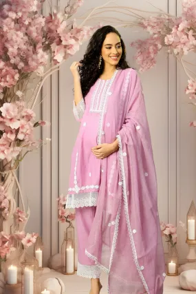 Luxe Pretty Lilac Mulmul Maternity & Nursing Kurta   Bottom   Dupatta (3 Pc)