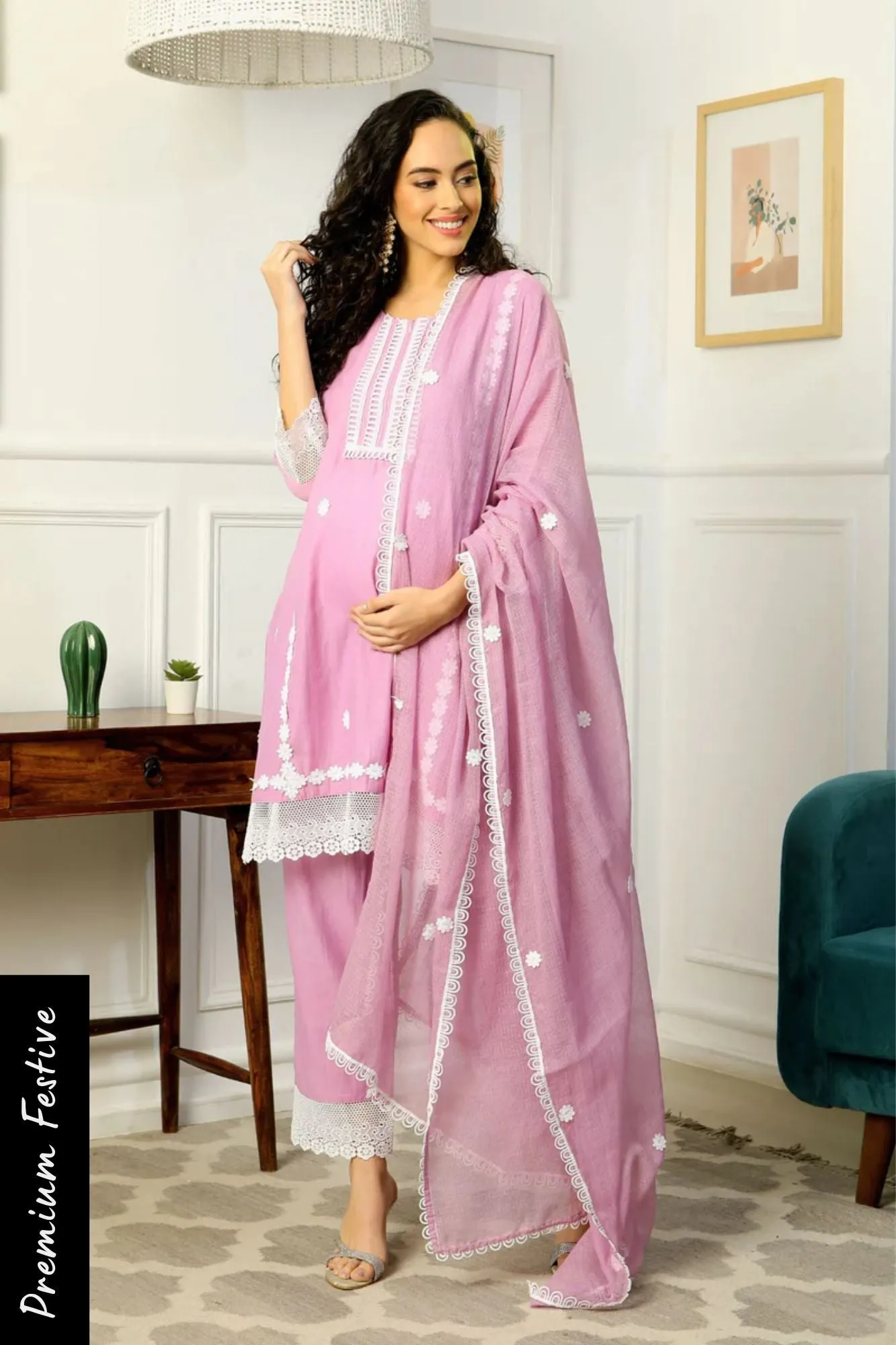 Luxe Pretty Lilac Mulmul Maternity & Nursing Kurta   Bottom   Dupatta (3 Pc)