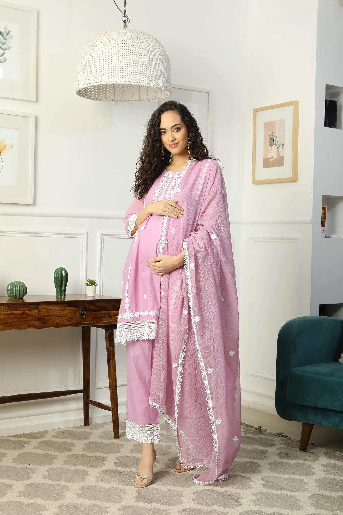 Luxe Pretty Lilac Mulmul Maternity & Nursing Kurta   Bottom   Dupatta (3 Pc)