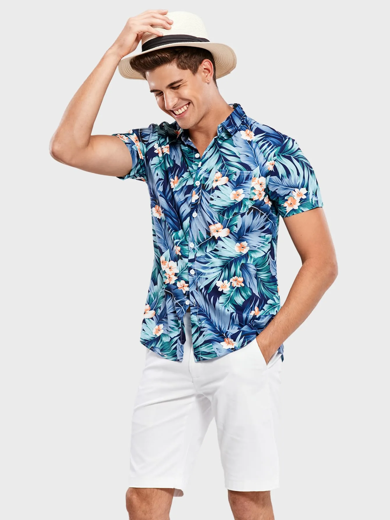 Men Tropical Print Hawaiian Shirt