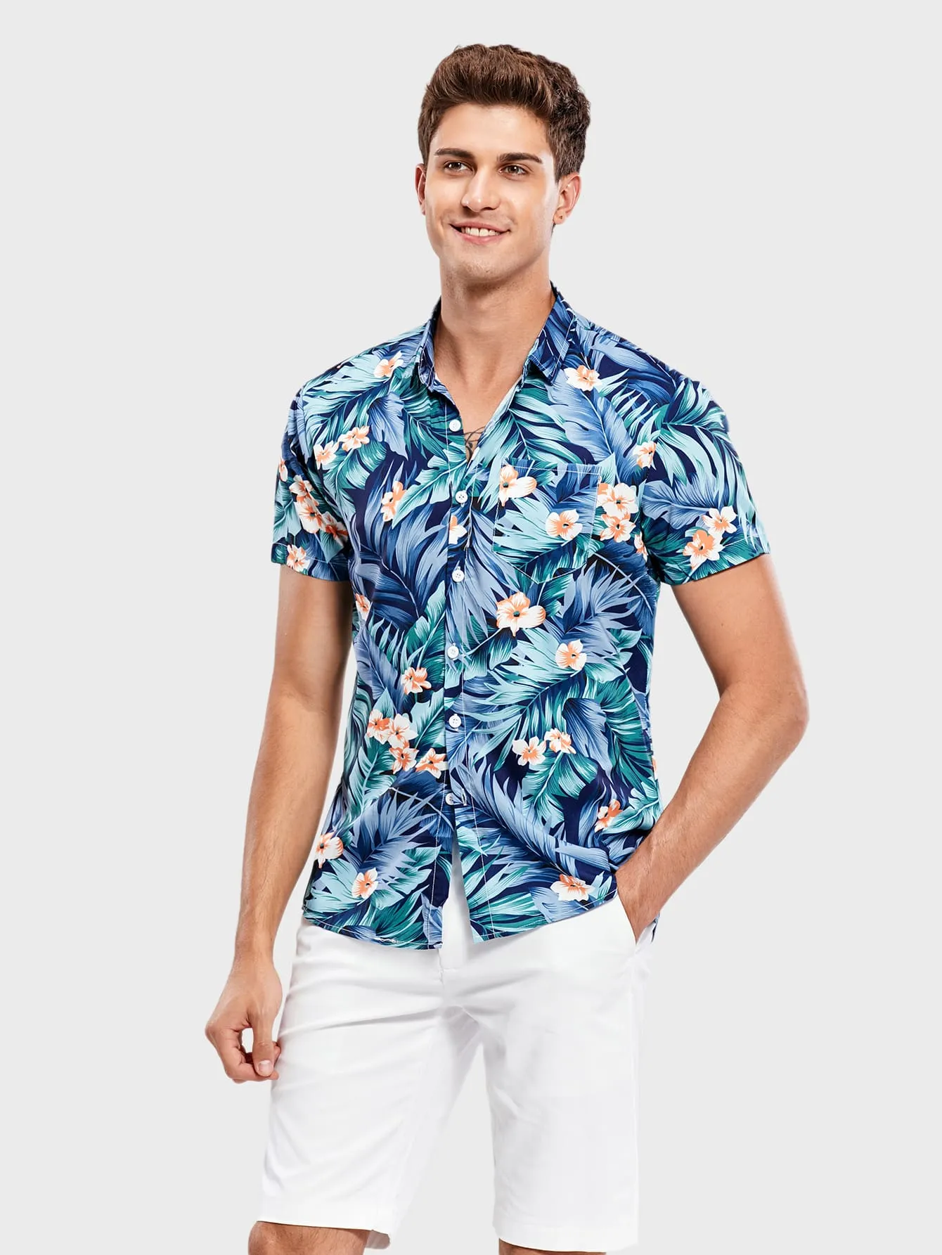 Men Tropical Print Hawaiian Shirt