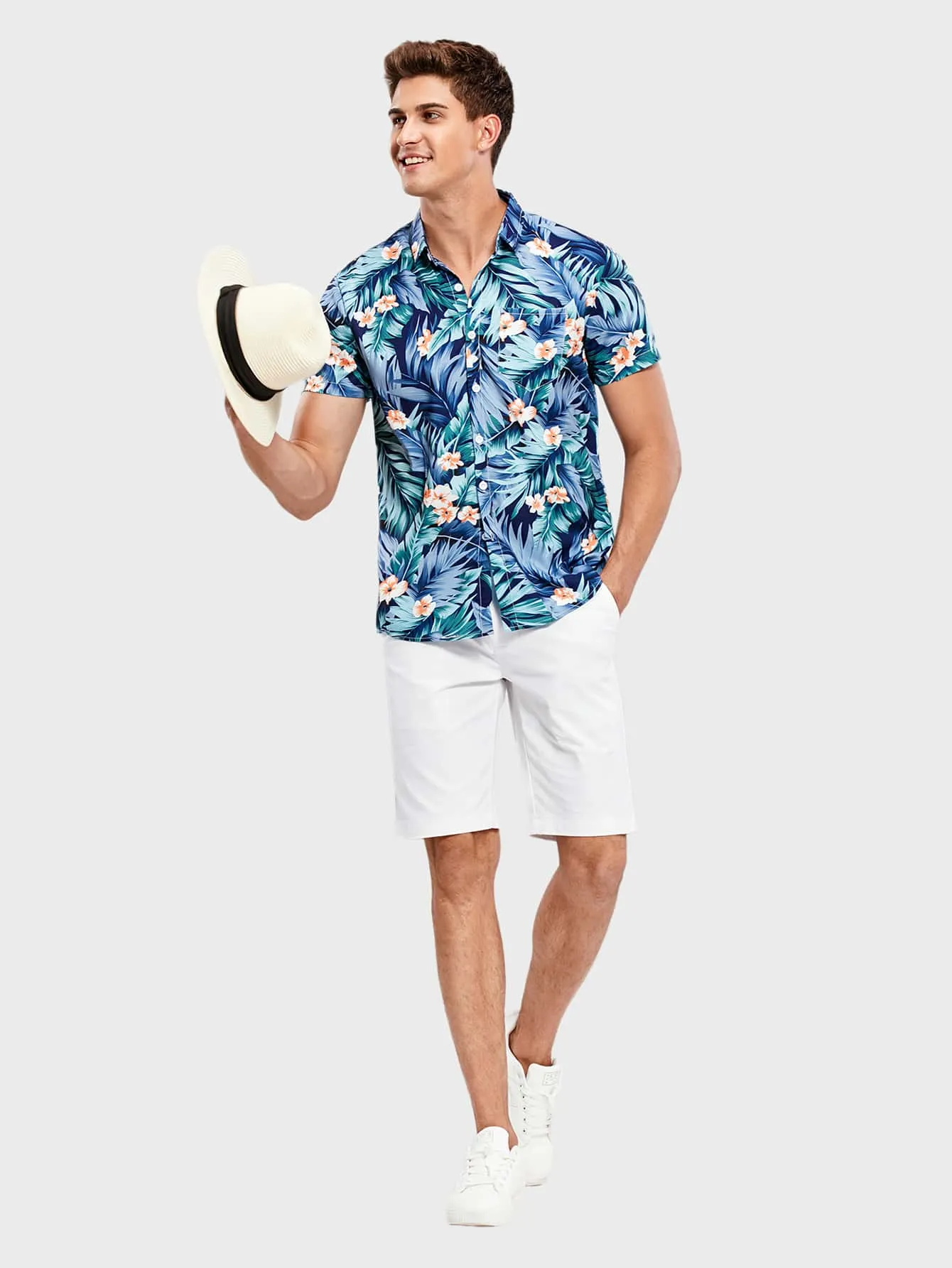 Men Tropical Print Hawaiian Shirt