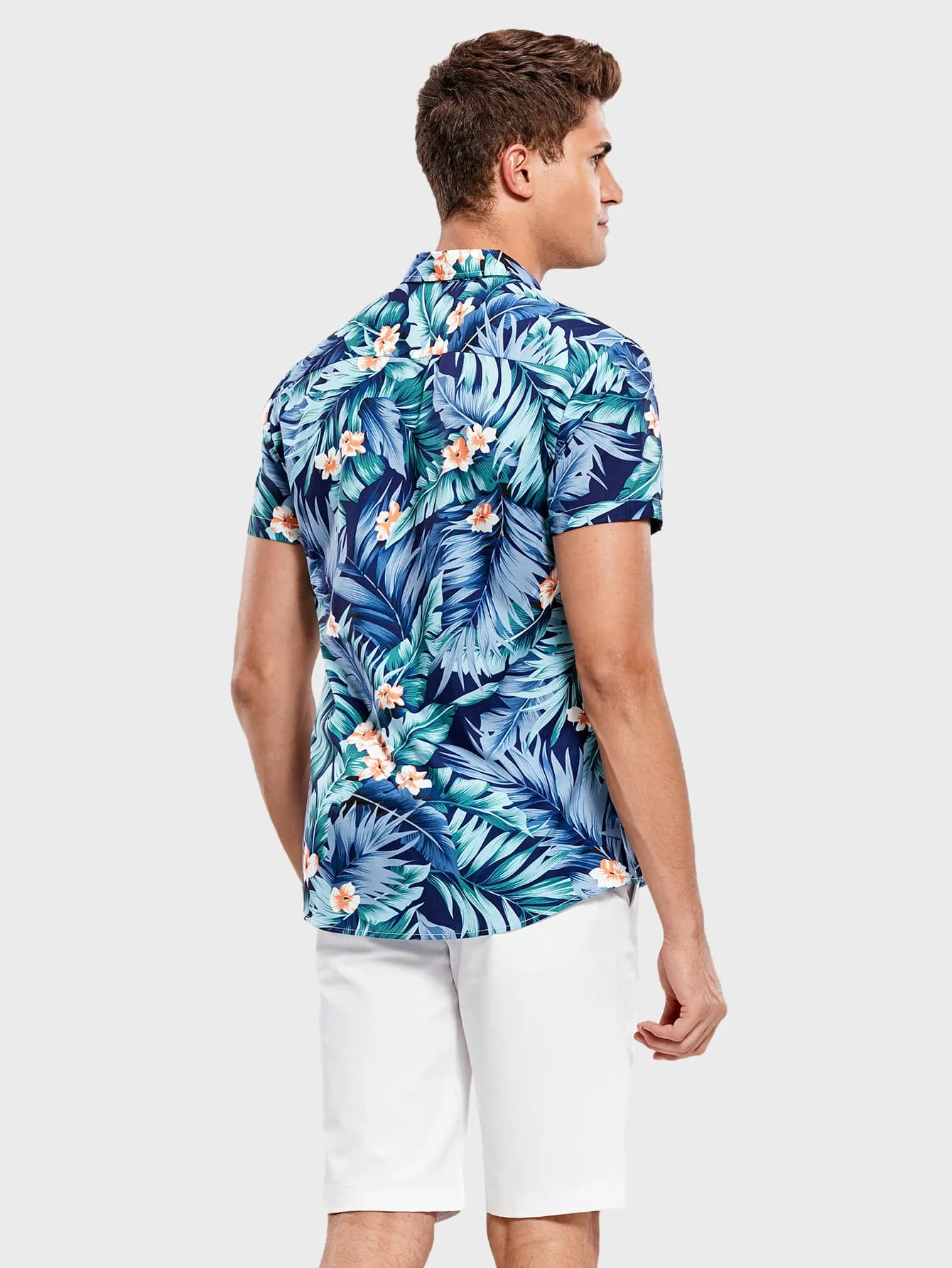 Men Tropical Print Hawaiian Shirt