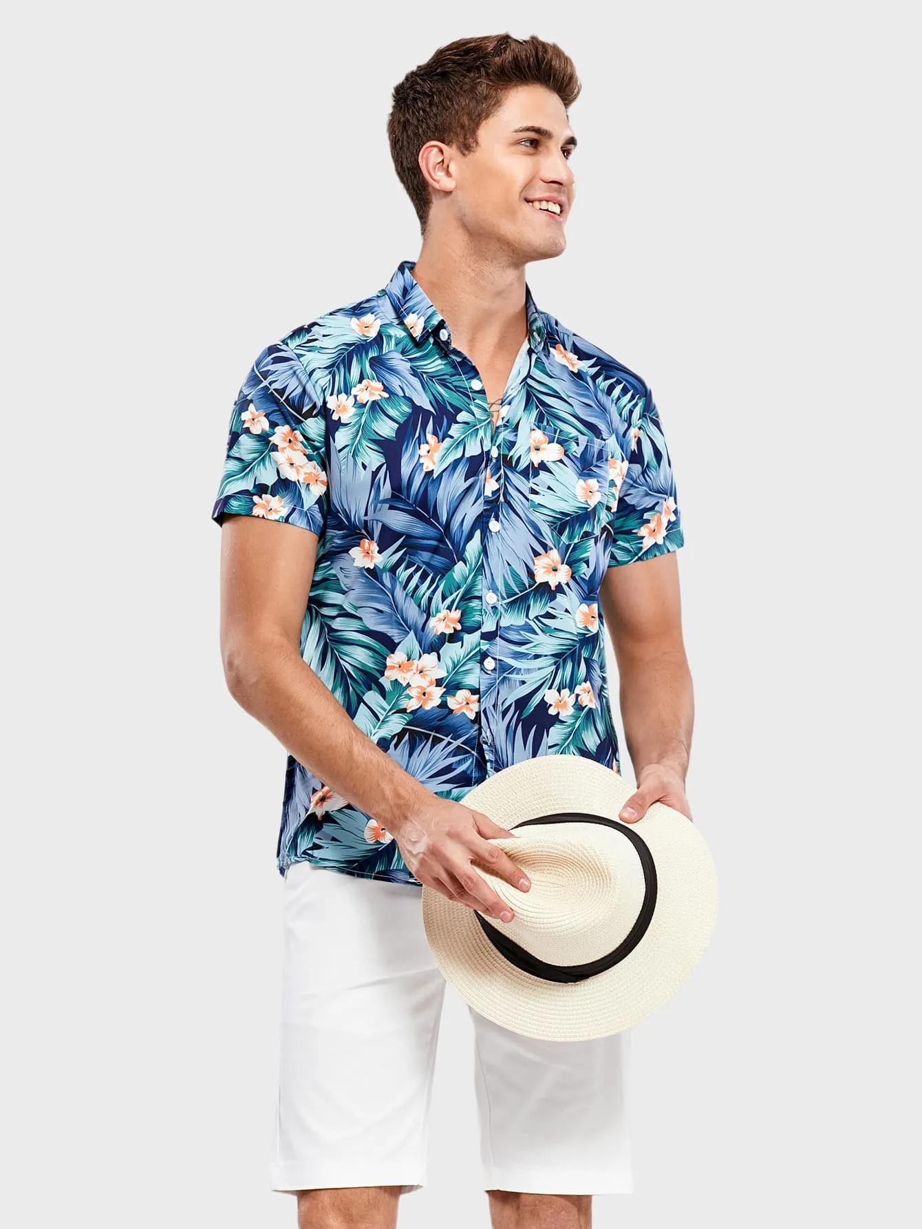 Men Tropical Print Hawaiian Shirt