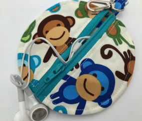 Monkey Ear Pod Case, Blue Animal Ear Bud Pouch, Coin Purse, Air Pod Holder