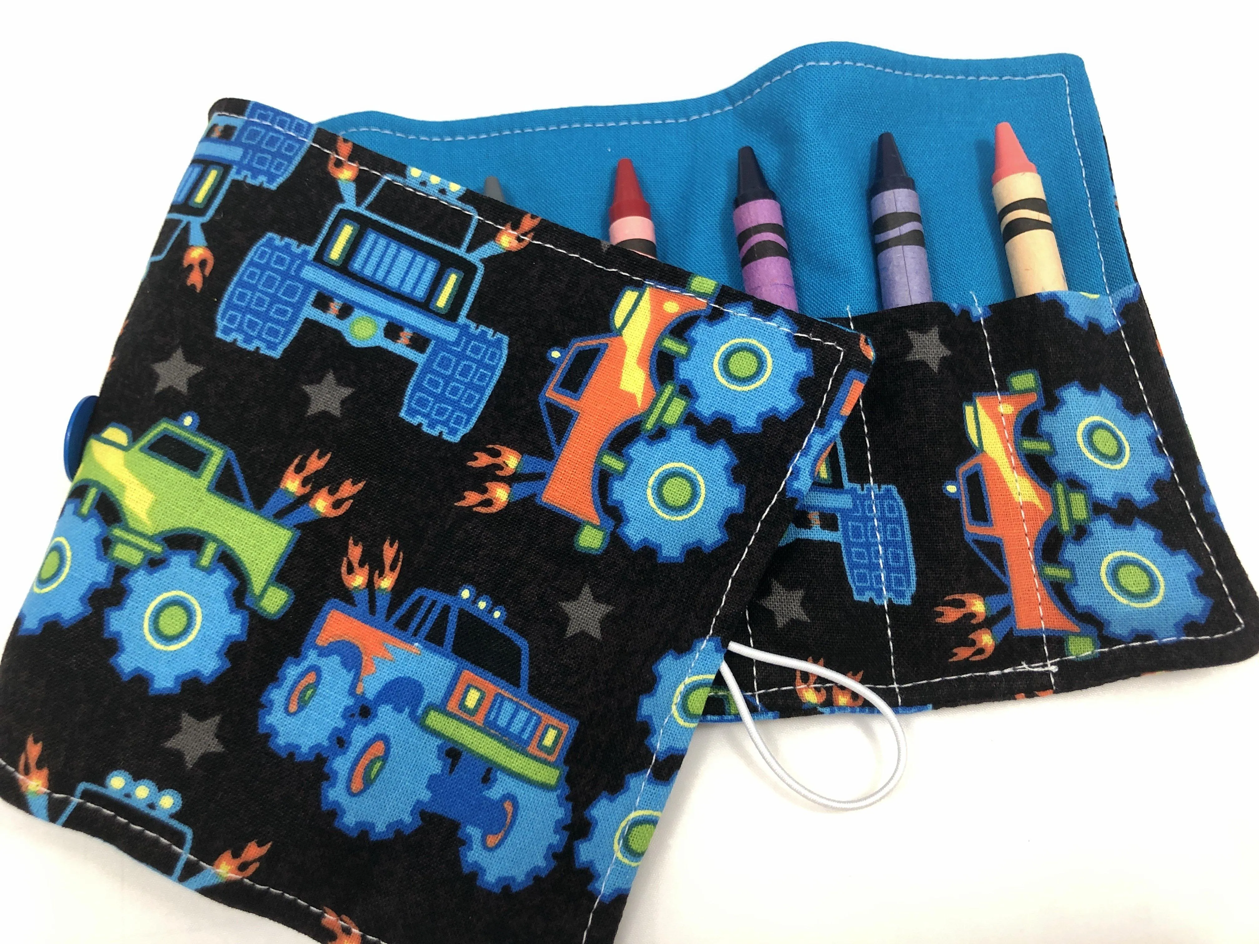 Monster Truck Crayon Roll, Boy's Travel Toy, Kid's Crayon Caddy, Big Trucks, Blue