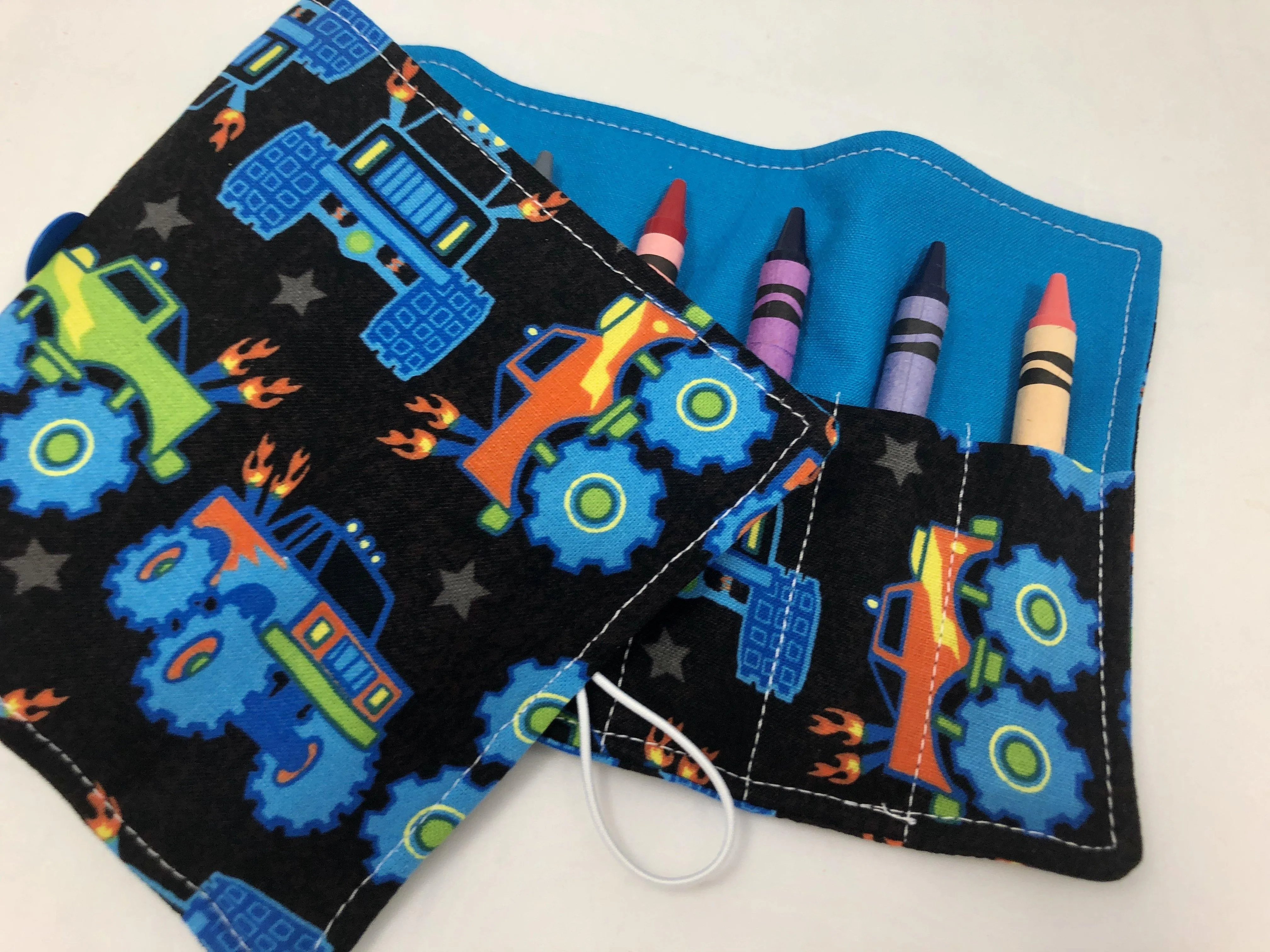 Monster Truck Crayon Roll, Boy's Travel Toy, Kid's Crayon Caddy, Big Trucks, Blue