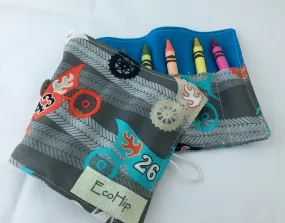 Motorcycle Crayon Bag, Motor Cycle Crayon Roll, Gray Travel Toy for Kids