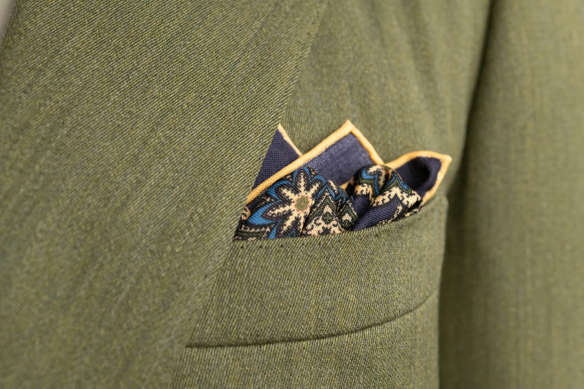 Navy Blue Geometric Medallion Silk Wool Pocket Square