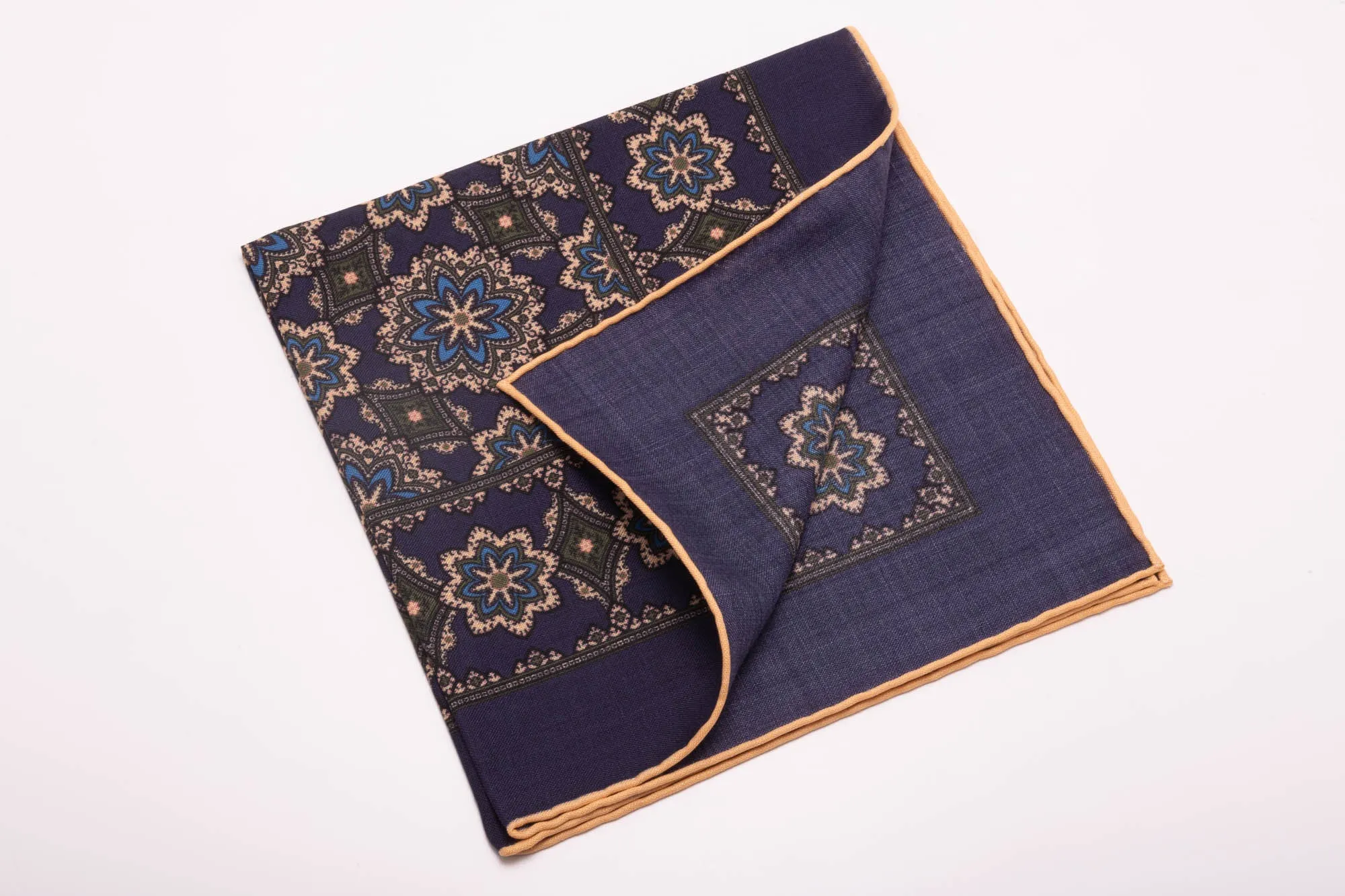 Navy Blue Geometric Medallion Silk Wool Pocket Square