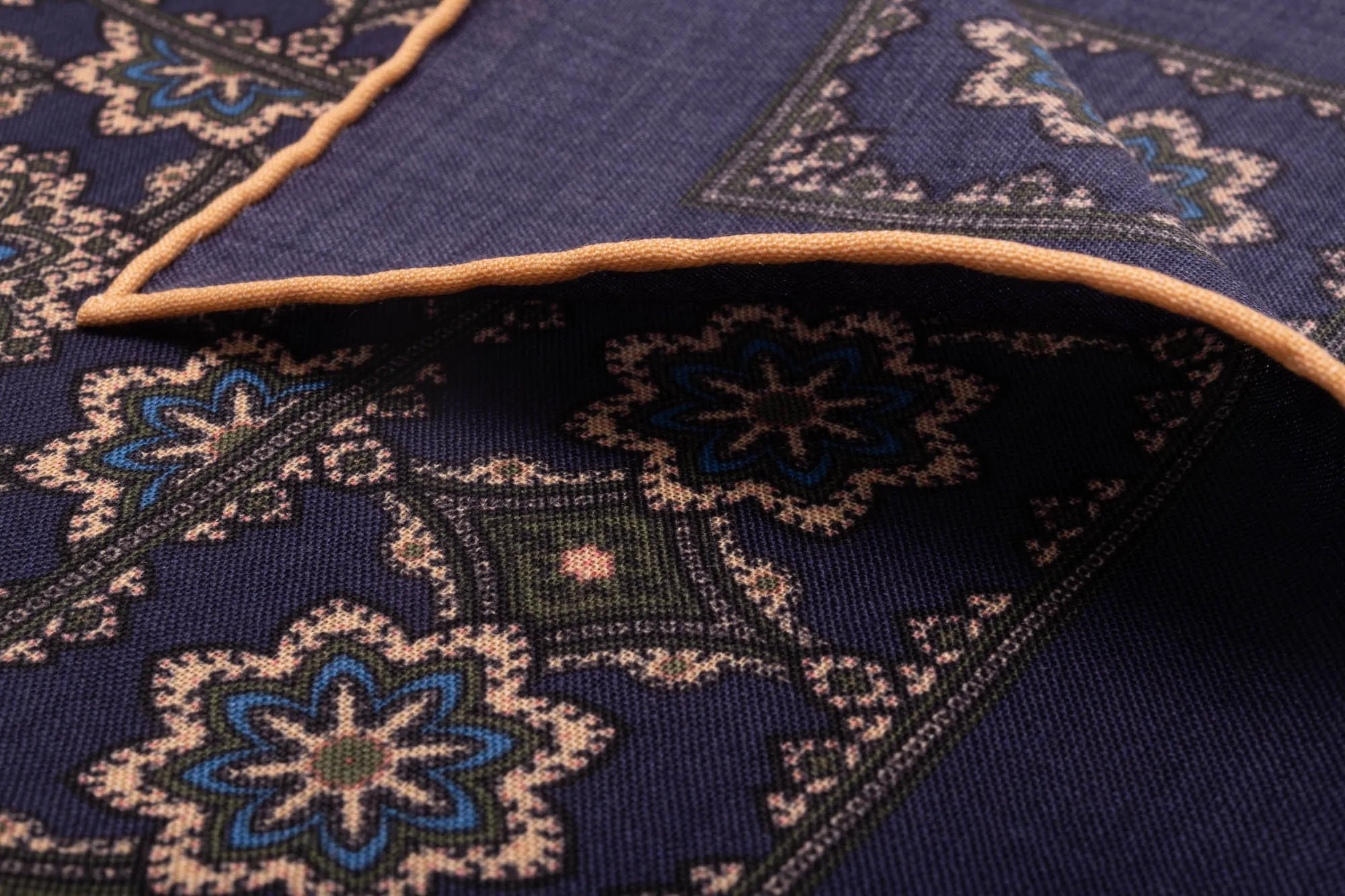 Navy Blue Geometric Medallion Silk Wool Pocket Square