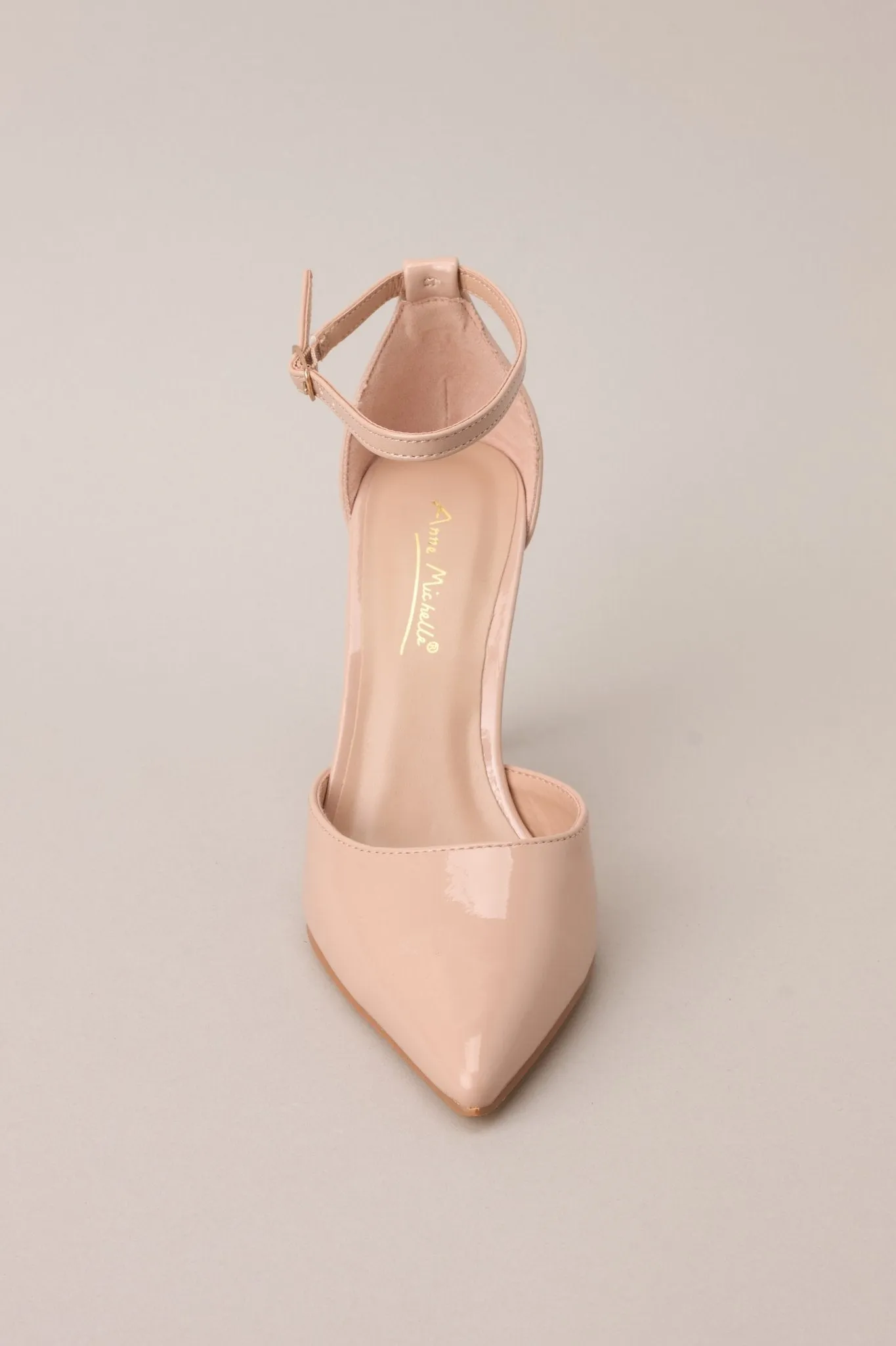 On Point Beige Pointed-Toe Patent Ankle Strap Pumps