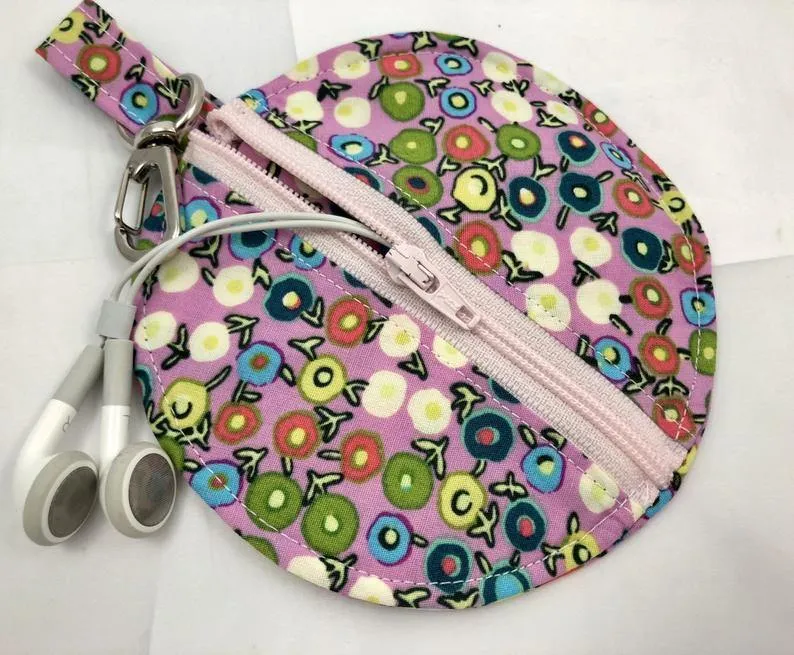 Pink Earphone Case, Earbud Case, Pacifier Pouch, Teacher's Gift, Dots