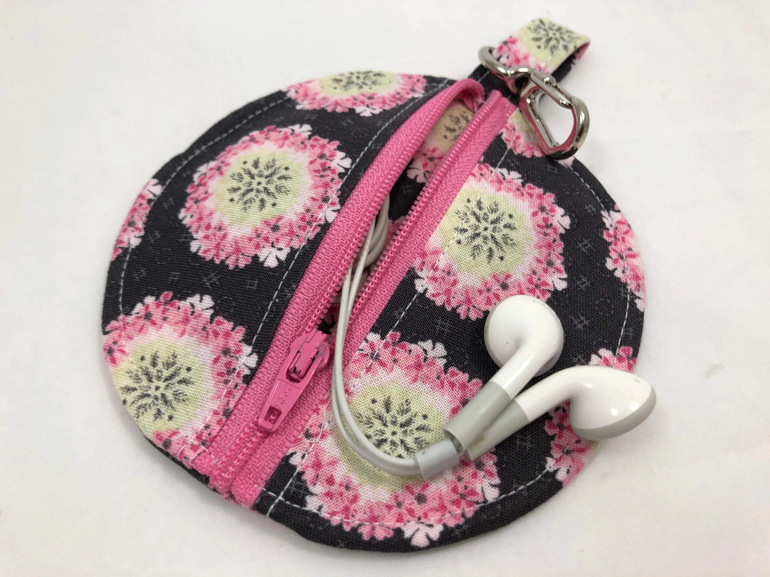 Pink Floral Ear Pods Case, Zipper Headphone Cozy, Pacifier Pouch