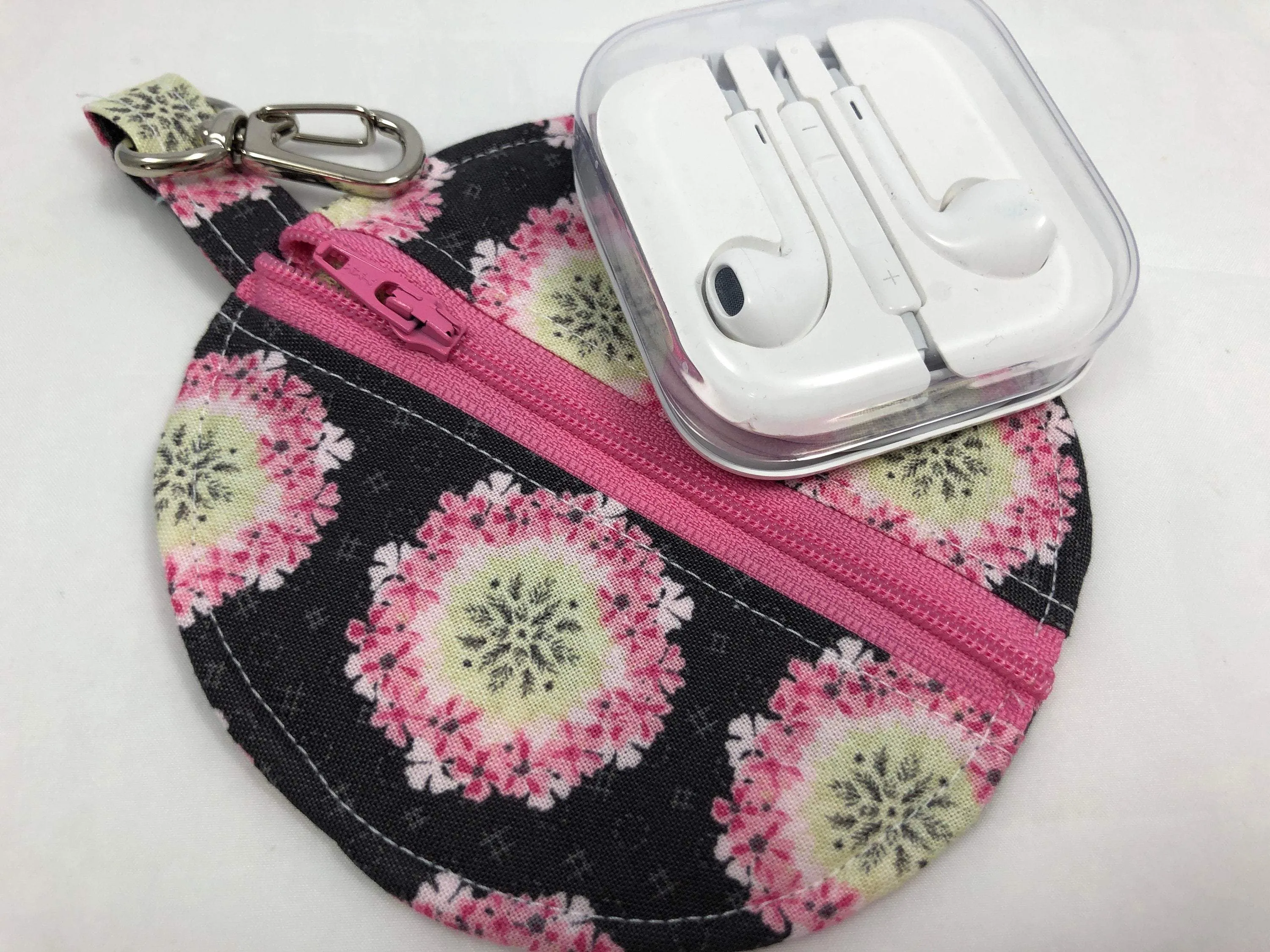 Pink Floral Ear Pods Case, Zipper Headphone Cozy, Pacifier Pouch