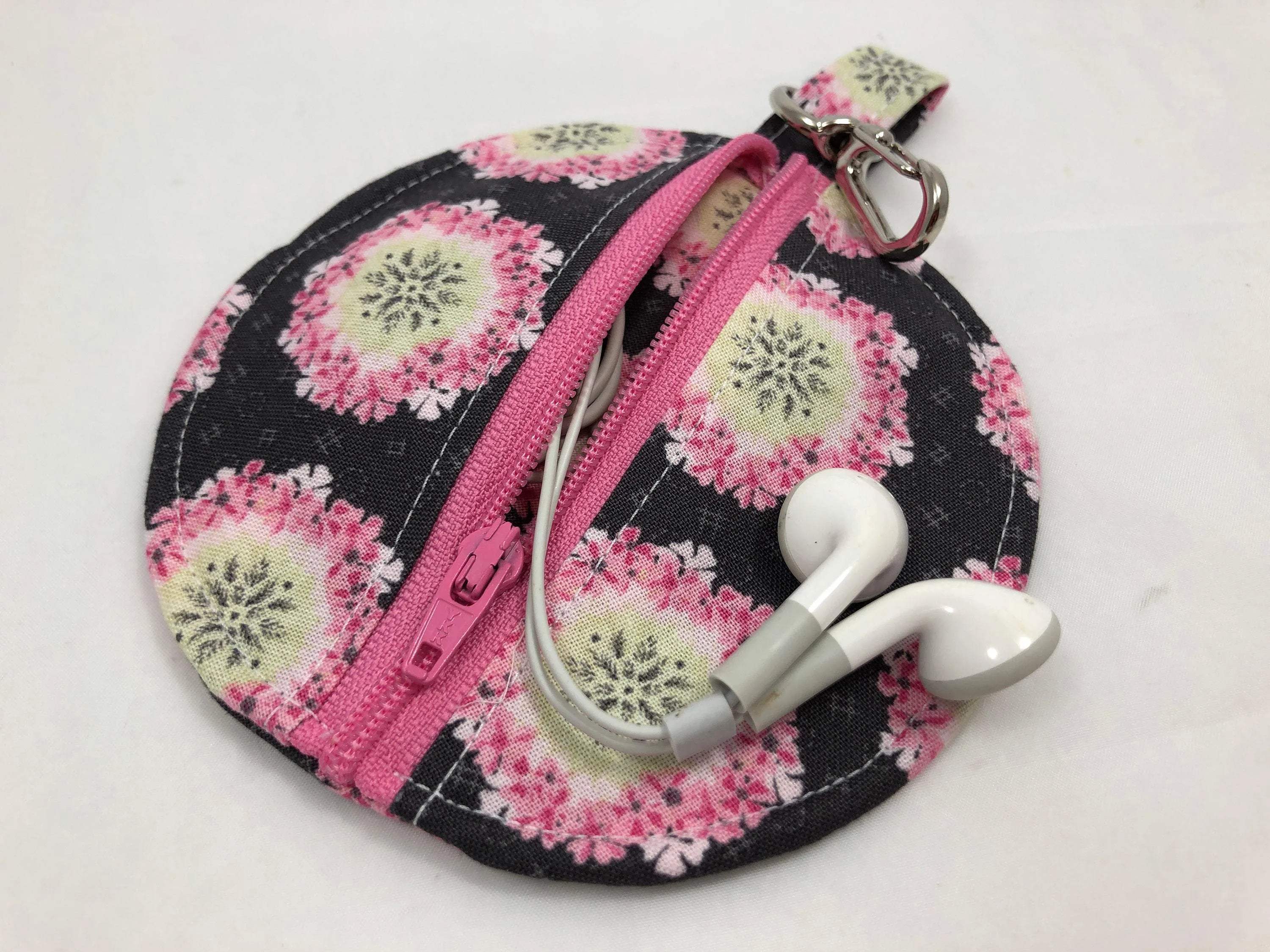 Pink Floral Ear Pods Case, Zipper Headphone Cozy, Pacifier Pouch