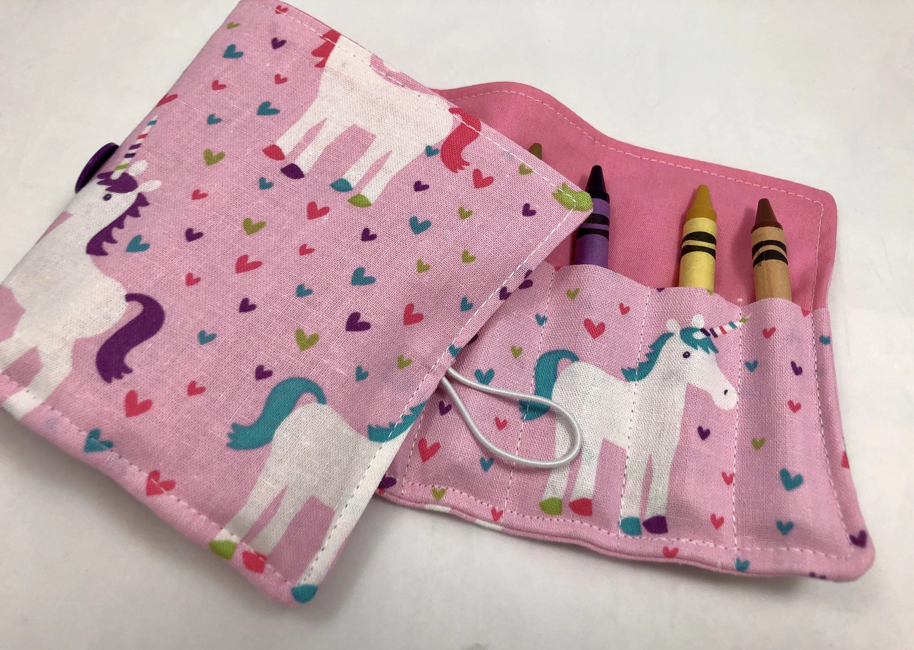 Pink Unicorn Crayon Roll, Hearts Crayon Case, Travel Toy for Girls