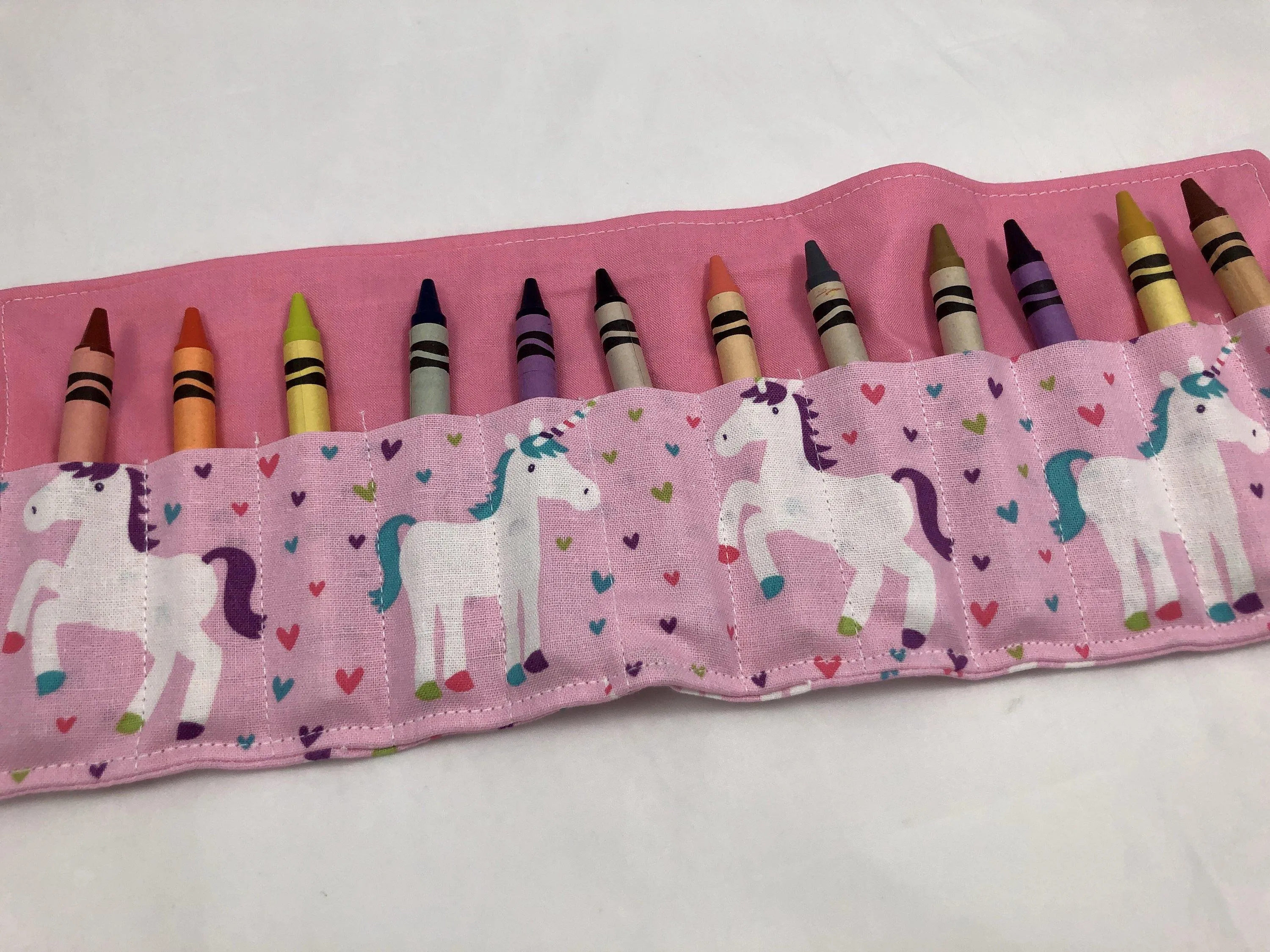 Pink Unicorn Crayon Roll, Hearts Crayon Case, Travel Toy for Girls