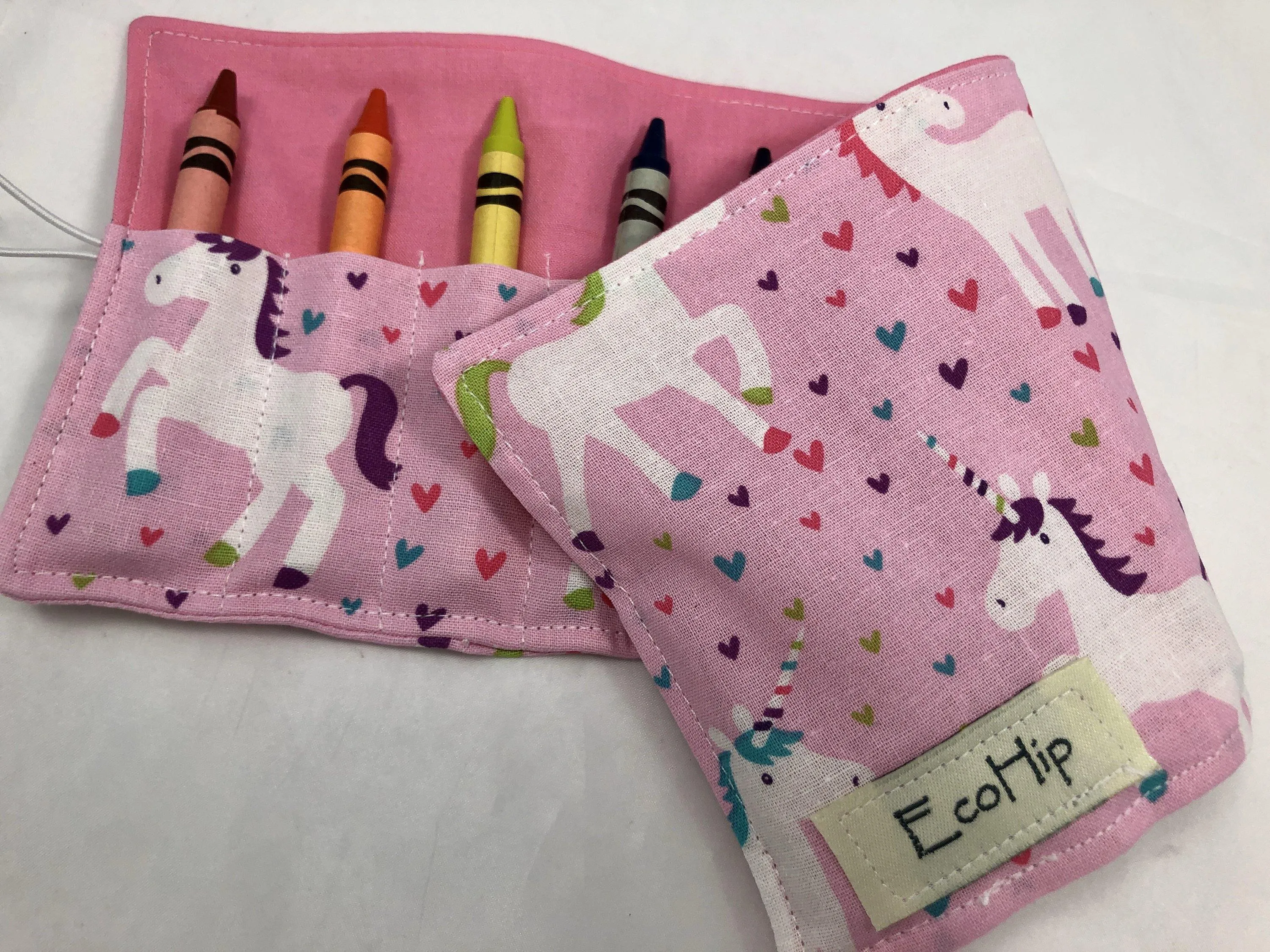 Pink Unicorn Crayon Roll, Hearts Crayon Case, Travel Toy for Girls