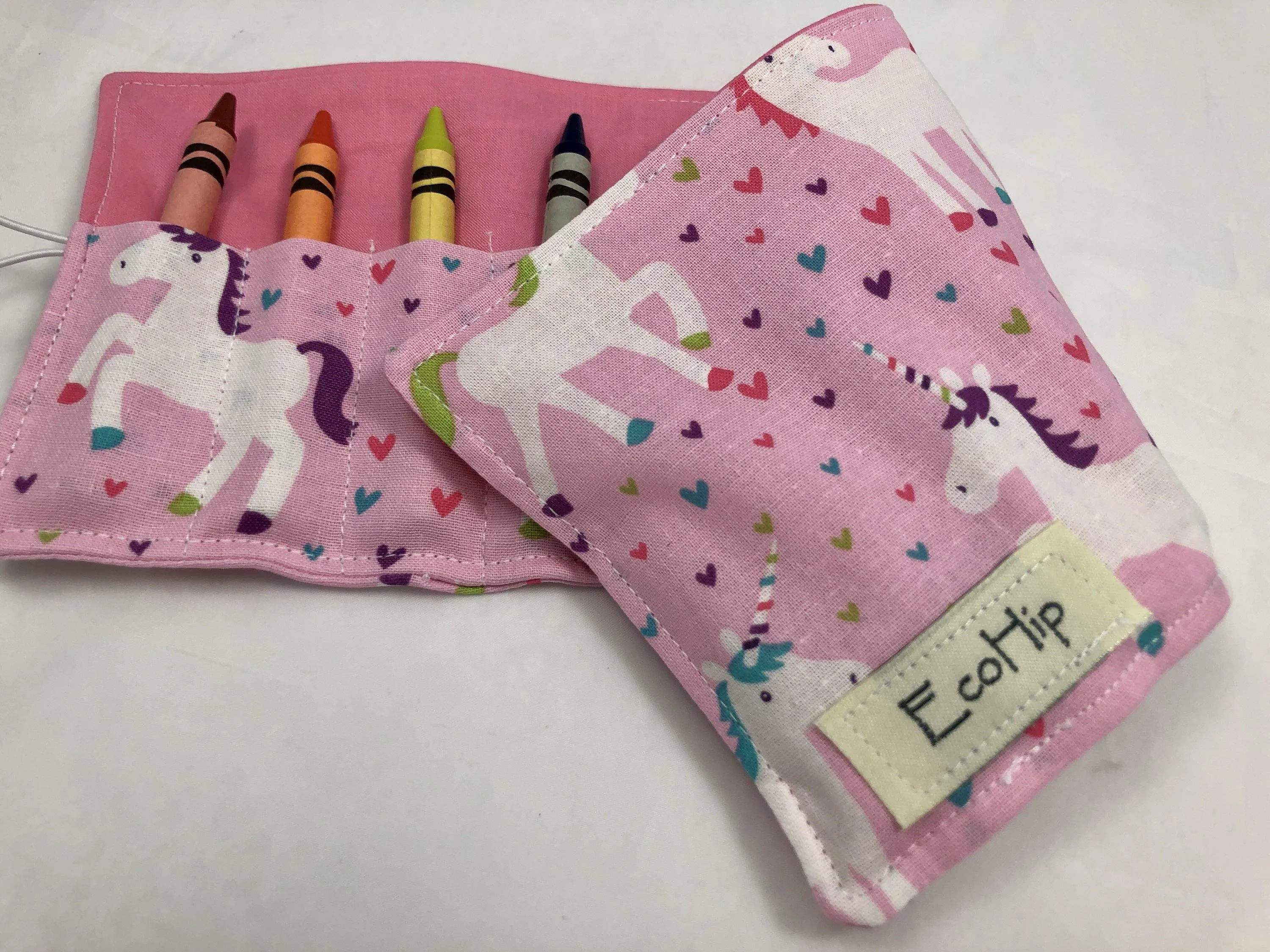 Pink Unicorn Crayon Roll, Hearts Crayon Case, Travel Toy for Girls