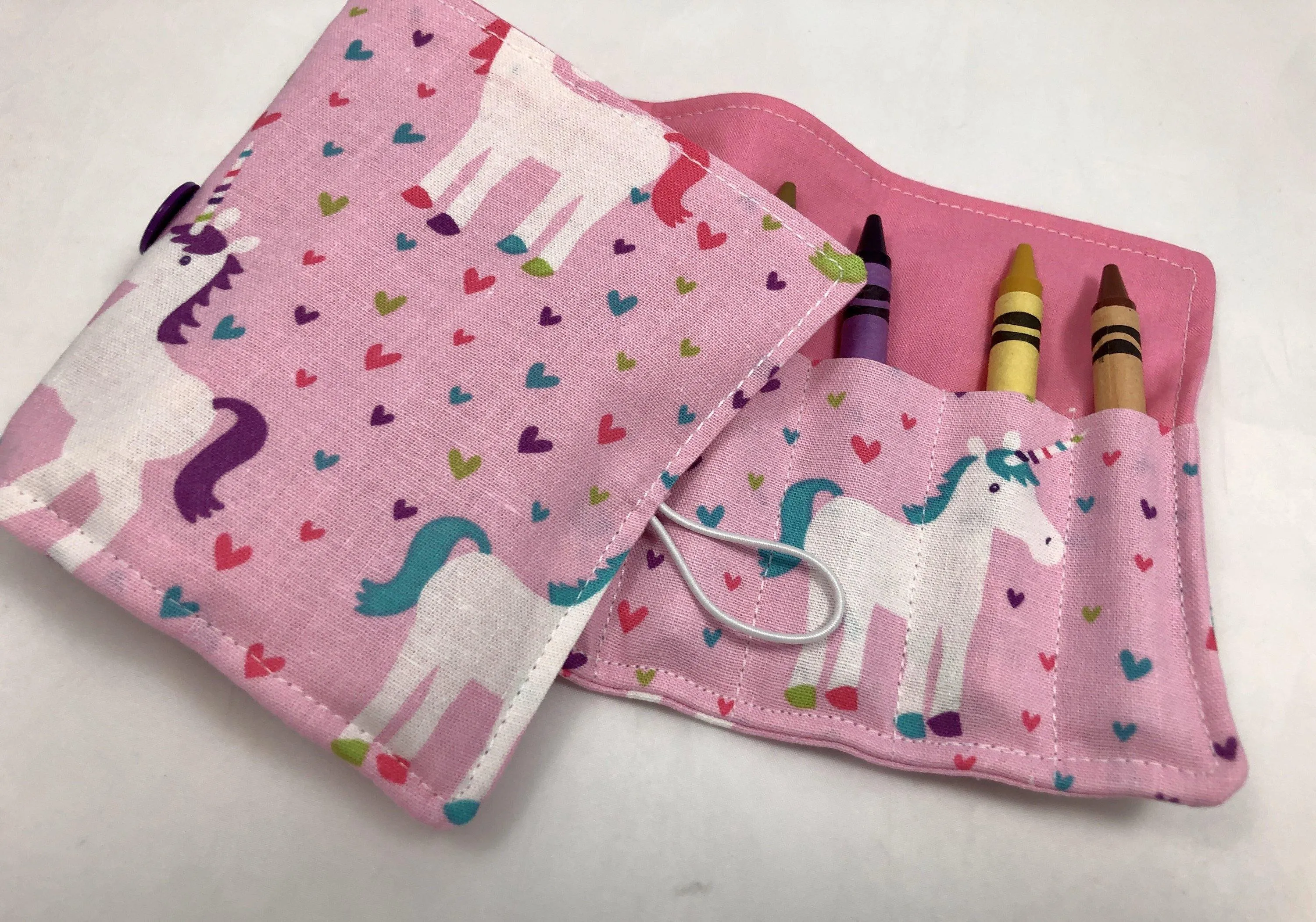 Pink Unicorn Crayon Roll, Hearts Crayon Case, Travel Toy for Girls