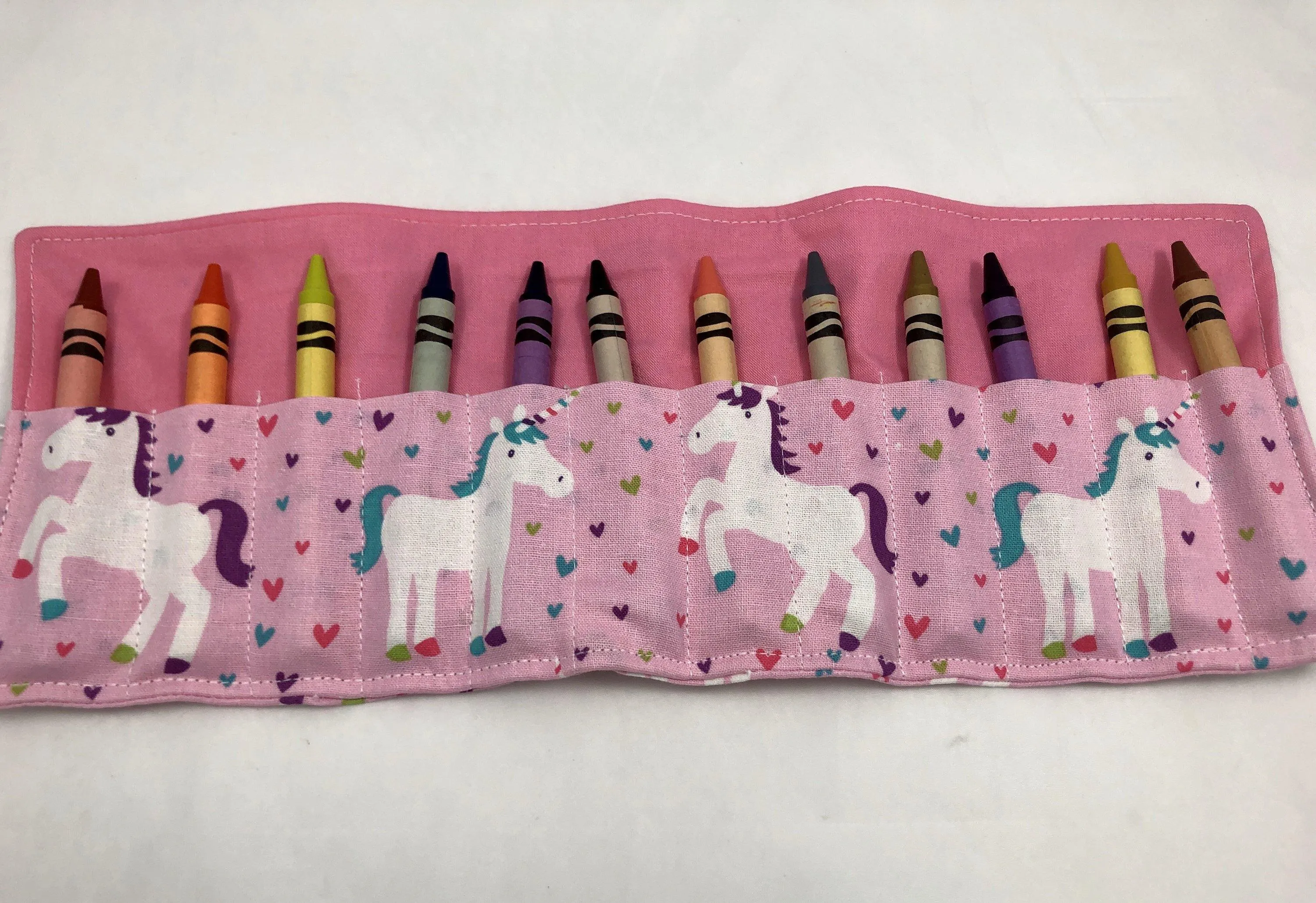 Pink Unicorn Crayon Roll, Hearts Crayon Case, Travel Toy for Girls