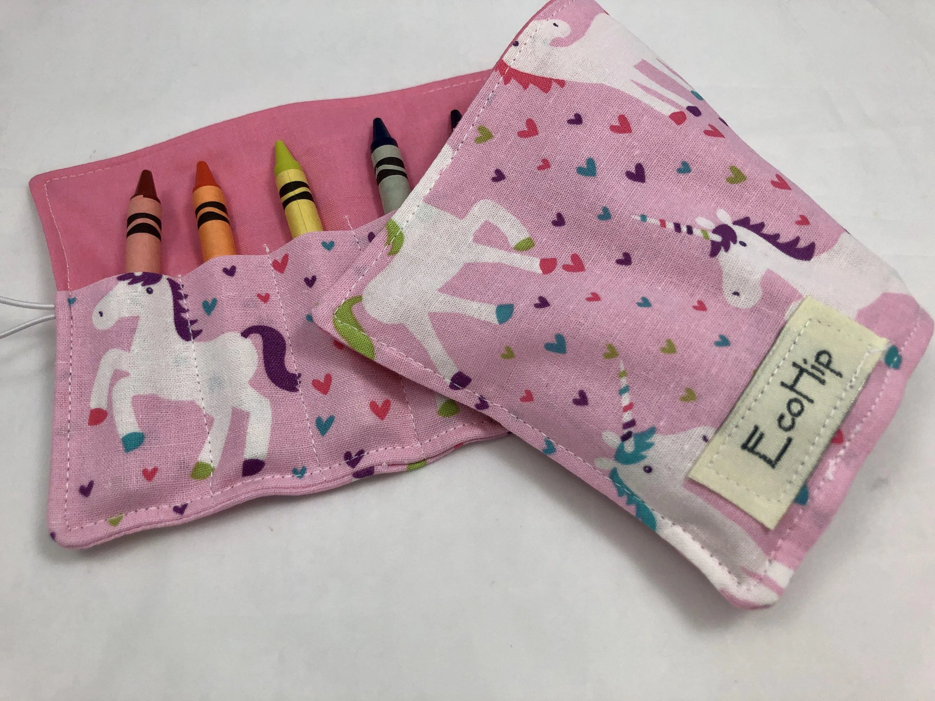 Pink Unicorn Crayon Roll, Hearts Crayon Case, Travel Toy for Girls