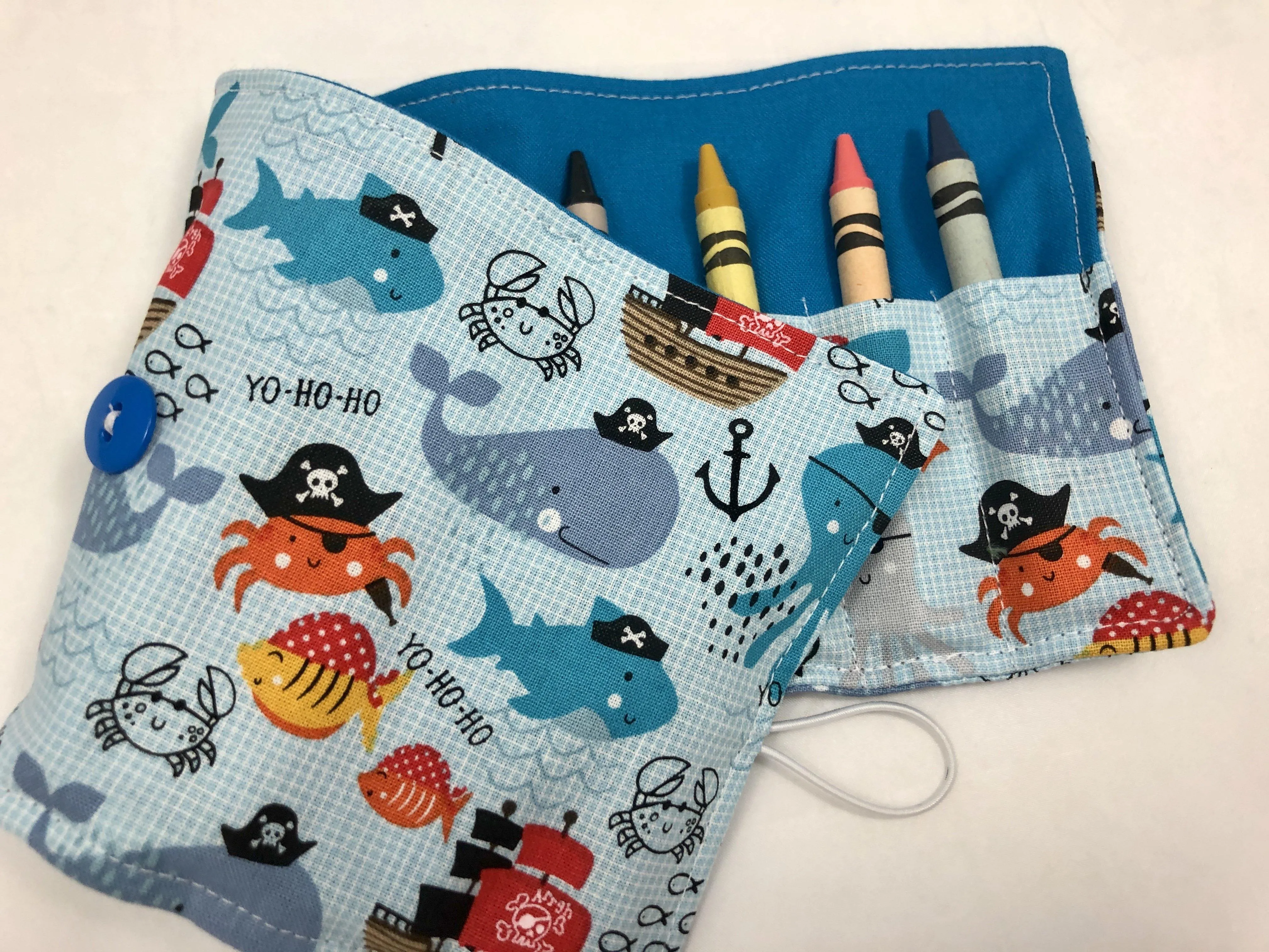 Pirate Crayon Roll, Boy's Crayon Case, Pirate Birthday, Ocean Animals, Blue