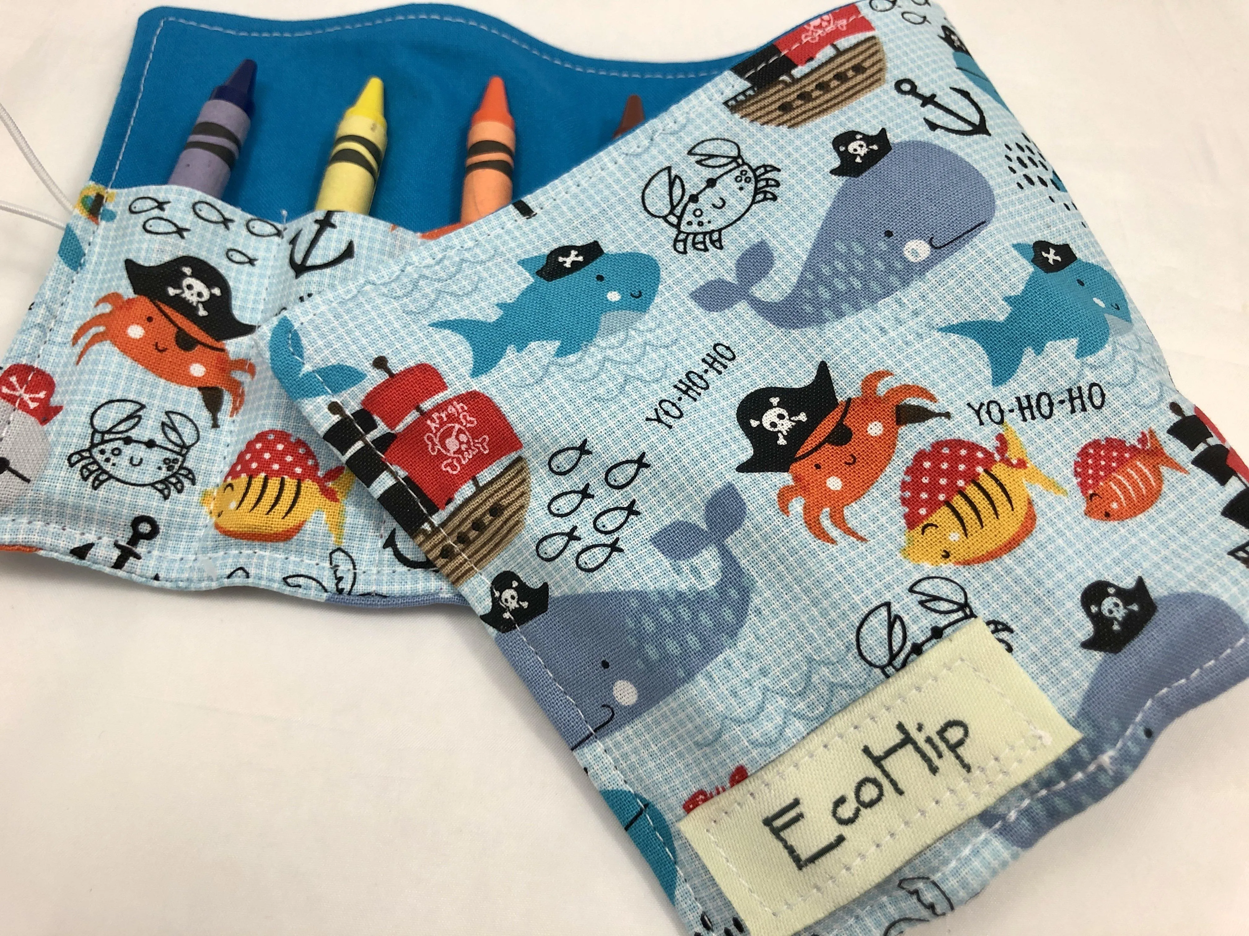 Pirate Crayon Roll, Boy's Crayon Case, Pirate Birthday, Ocean Animals, Blue