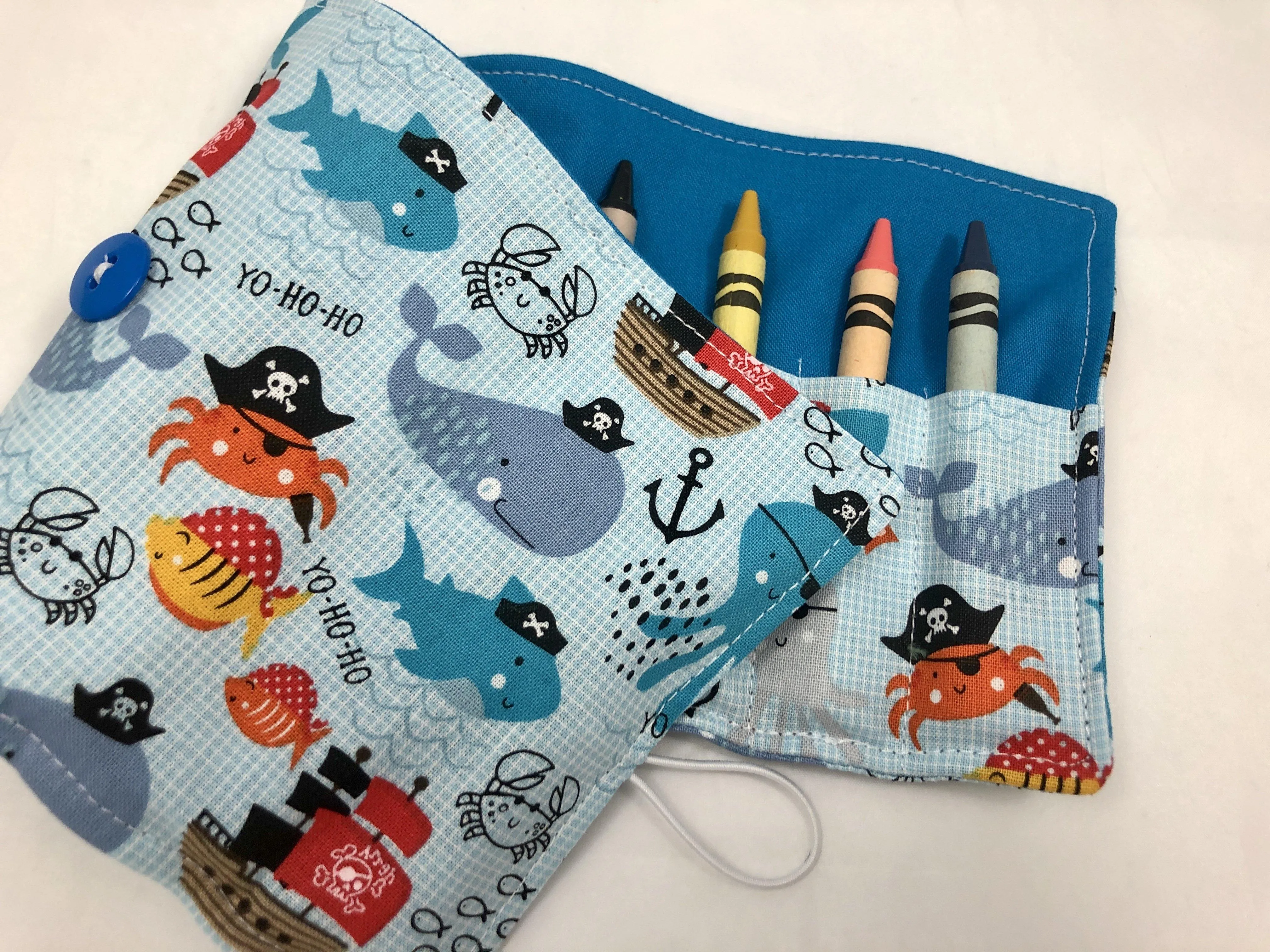 Pirate Crayon Roll, Boy's Crayon Case, Pirate Birthday, Ocean Animals, Blue