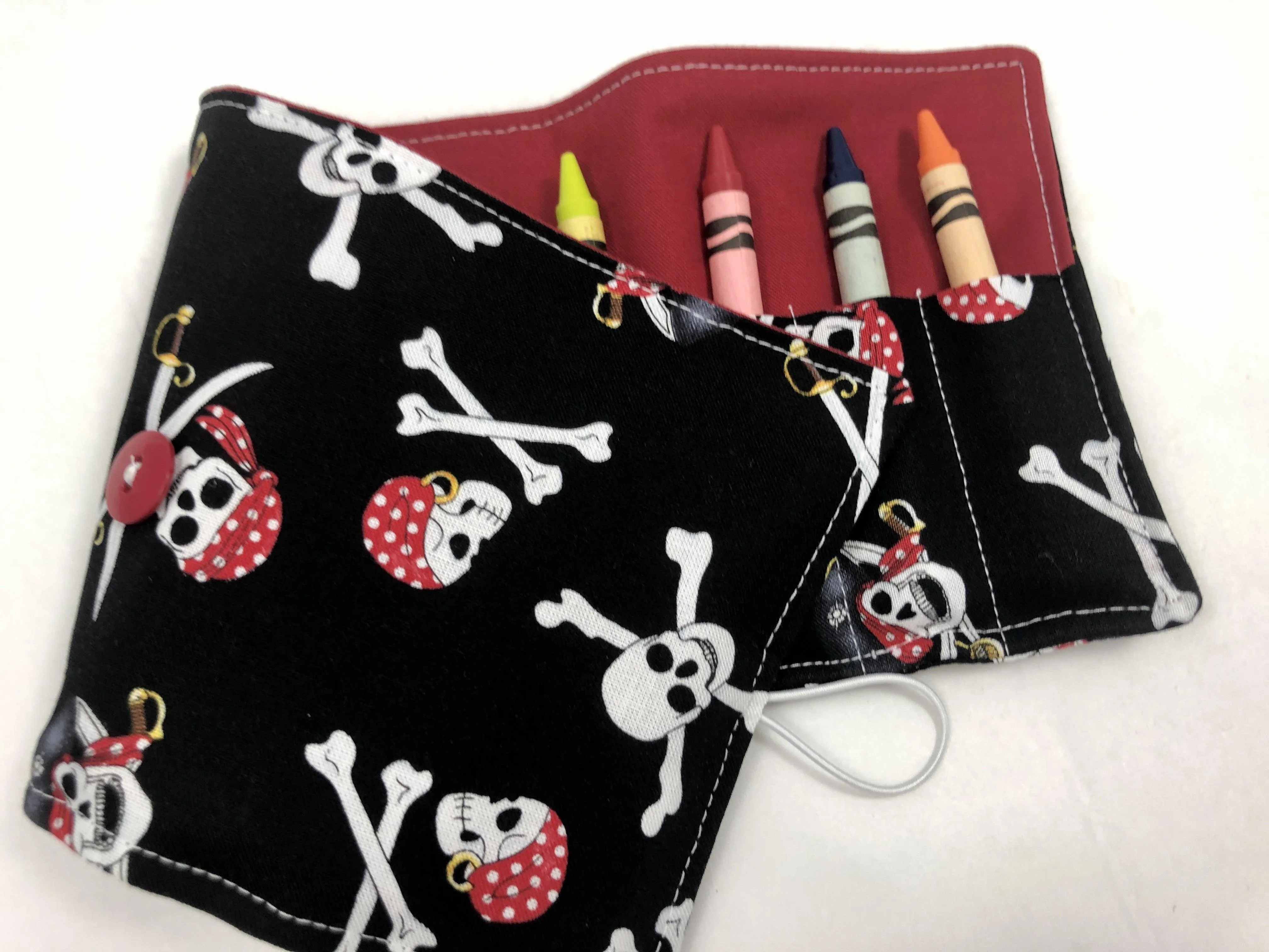 Pirate Crayon Roll, Boy's Travel Toy,  Black Crayon Case, Skull and Crossbones