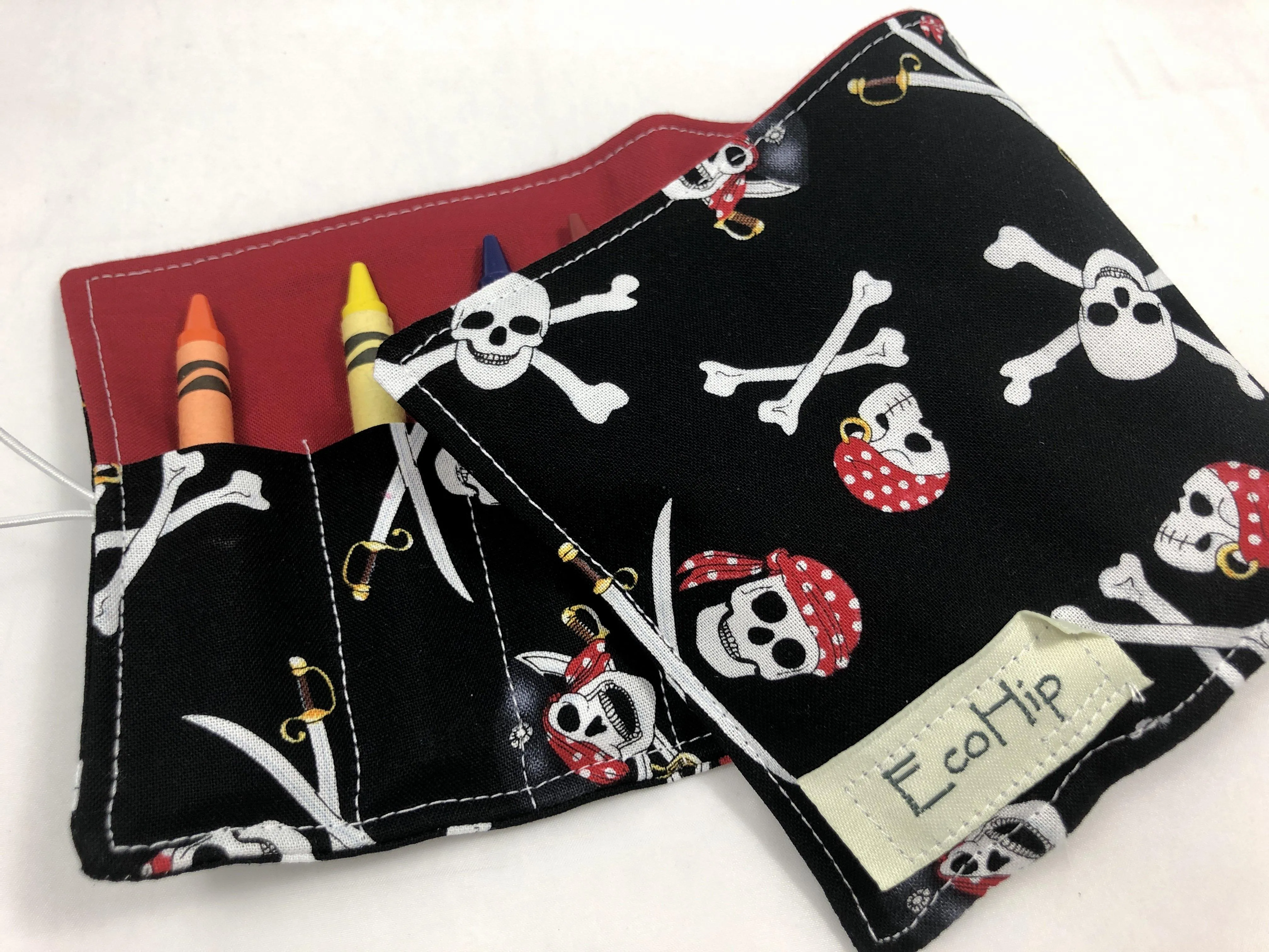 Pirate Crayon Roll, Boy's Travel Toy,  Black Crayon Case, Skull and Crossbones