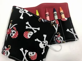 Pirate Crayon Roll, Boy's Travel Toy,  Black Crayon Case, Skull and Crossbones