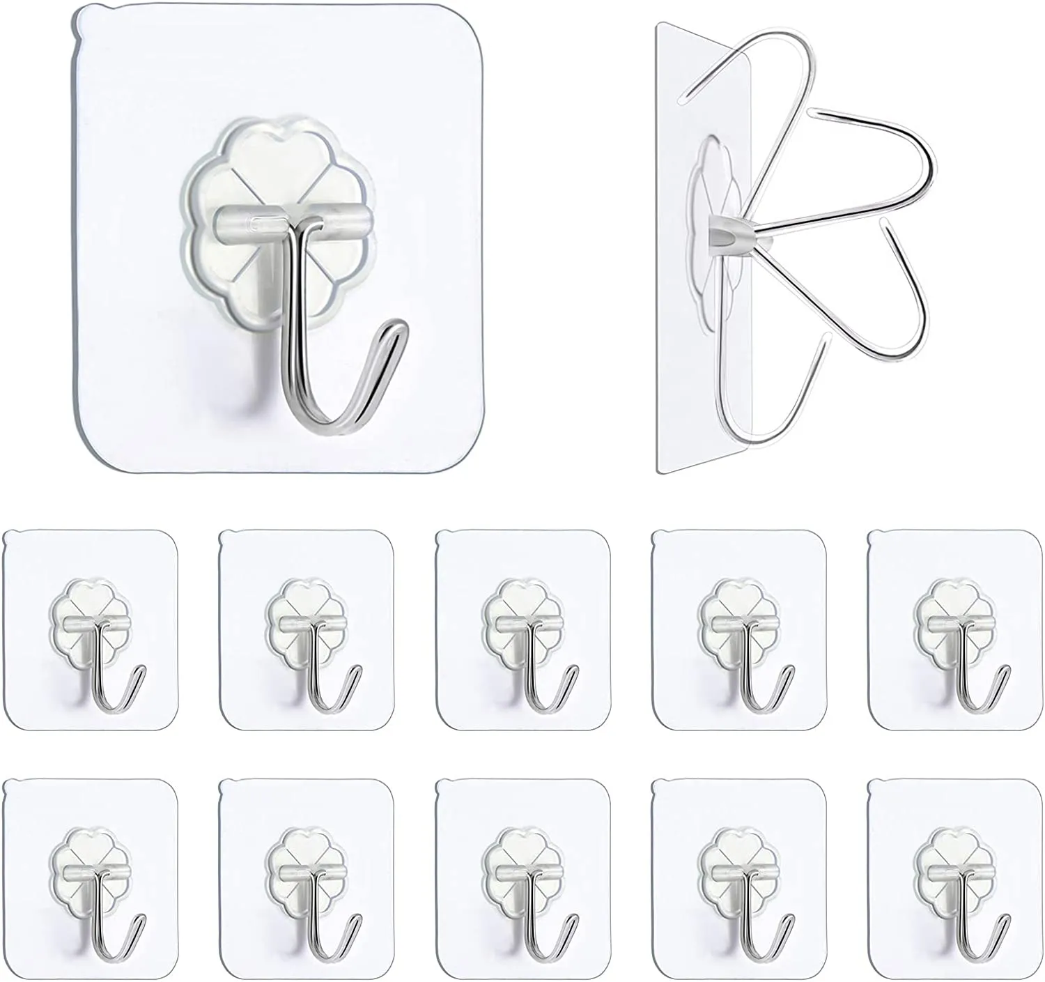 Premium Adhesive Hooks Kitchen Wall Hooks,Heavy Duty 13Lb(Max) Wall Hooks, Transparent Reusable Seamless Hooks with Stainless Hooks Reusable Utility Towel Bath Ceiling Office Window Hooks,10 Pack