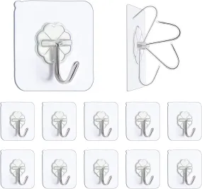 Premium Adhesive Hooks Kitchen Wall Hooks,Heavy Duty 13Lb(Max) Wall Hooks, Transparent Reusable Seamless Hooks with Stainless Hooks Reusable Utility Towel Bath Ceiling Office Window Hooks,10 Pack