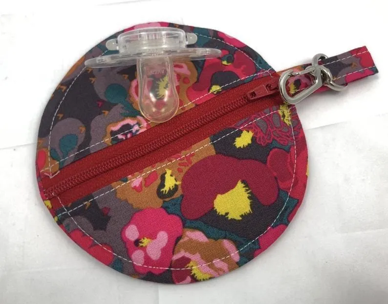 Red Earbud Case, Headphone Case, Handmade Pouch, Peonies Floral