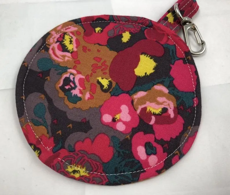 Red Earbud Case, Headphone Case, Handmade Pouch, Peonies Floral