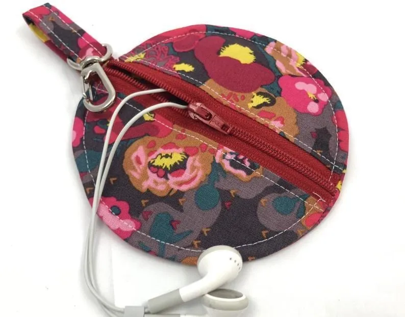 Red Earbud Case, Headphone Case, Handmade Pouch, Peonies Floral