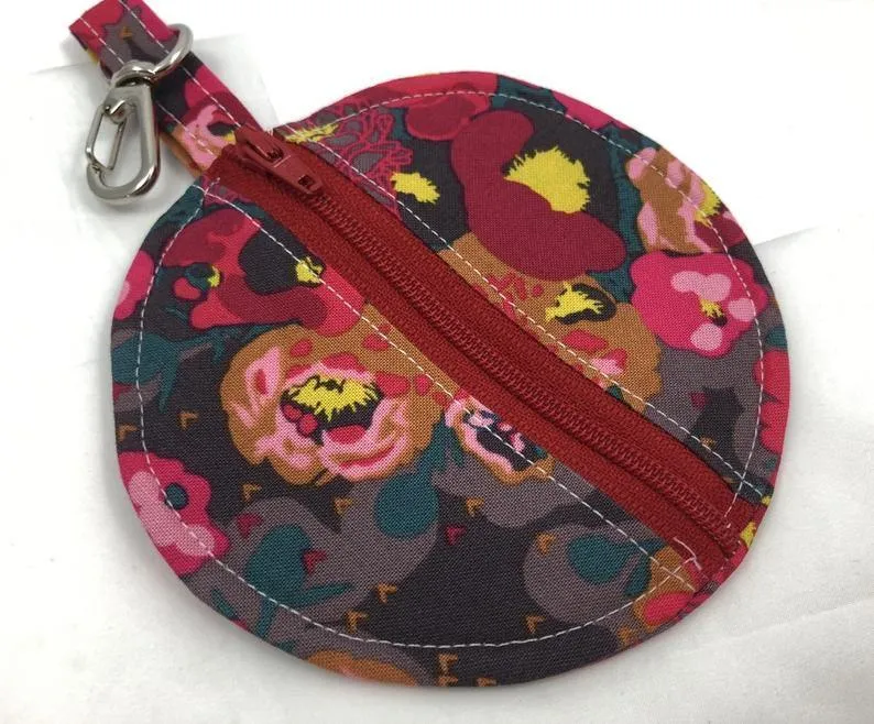 Red Earbud Case, Headphone Case, Handmade Pouch, Peonies Floral