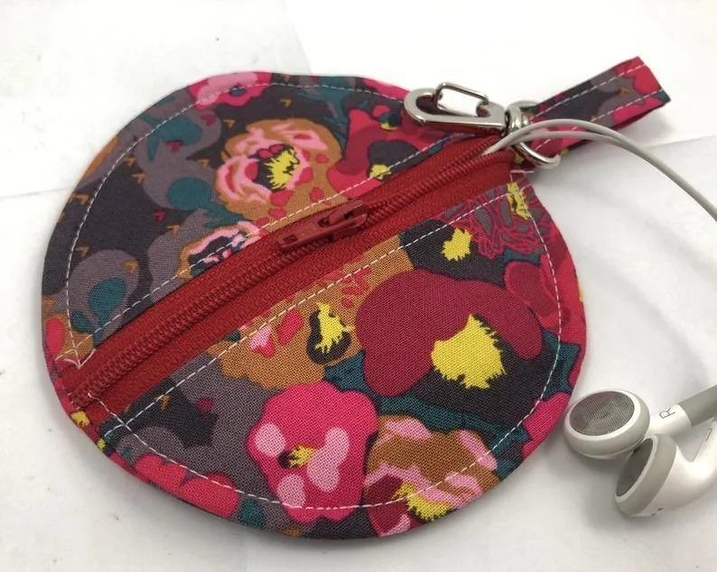 Red Earbud Case, Headphone Case, Handmade Pouch, Peonies Floral