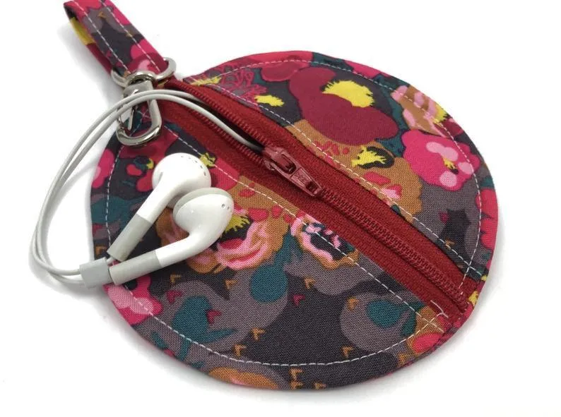 Red Earbud Case, Headphone Case, Handmade Pouch, Peonies Floral