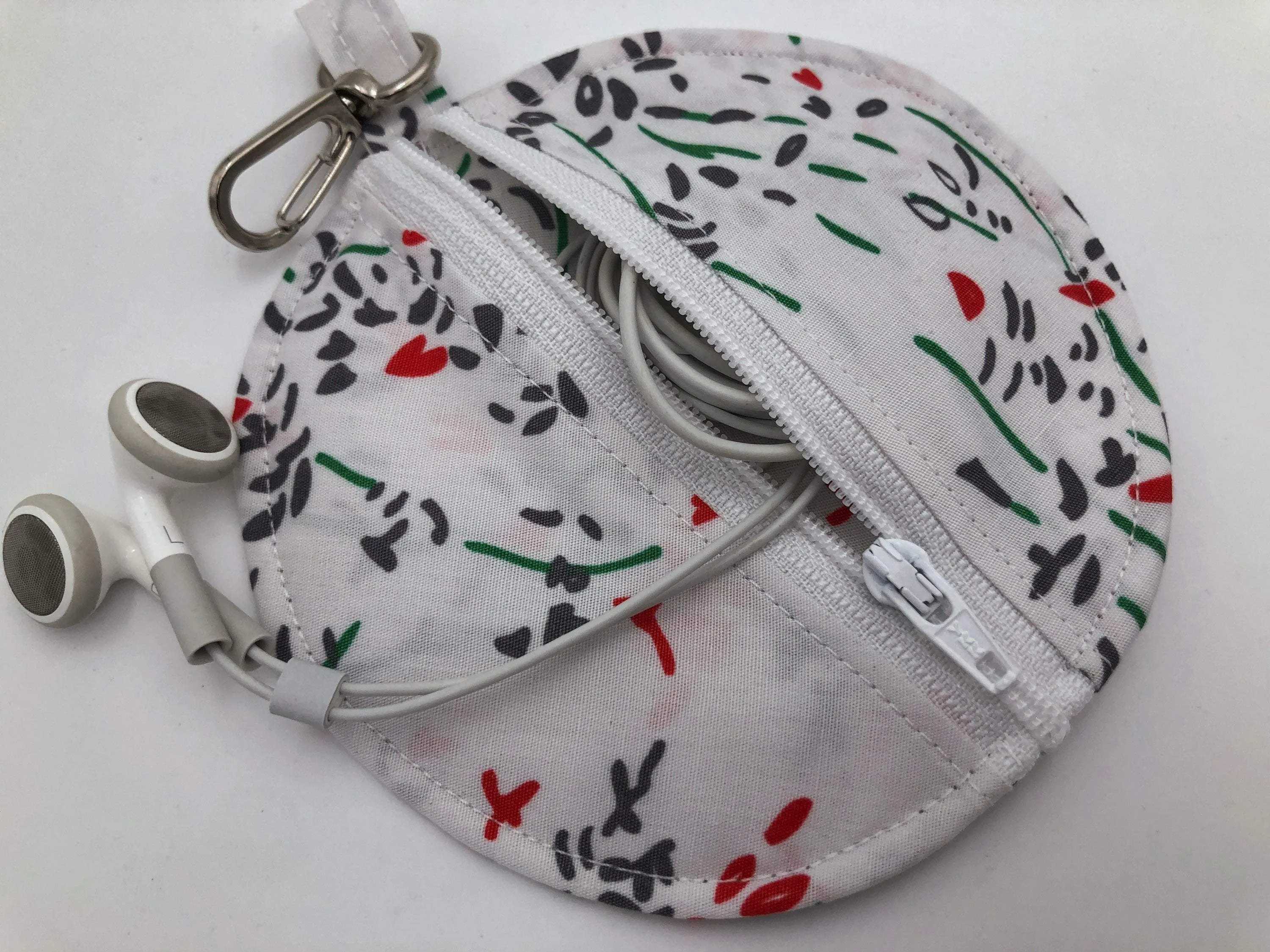 Red Floral Earpod Holder, White Ear Bud Pouch, Pacifier Pouch, Purse Accessory