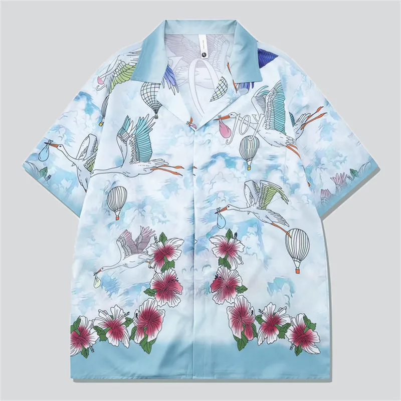 Red Hibiscus Flower Flying Crane Print Hawaiian Sets