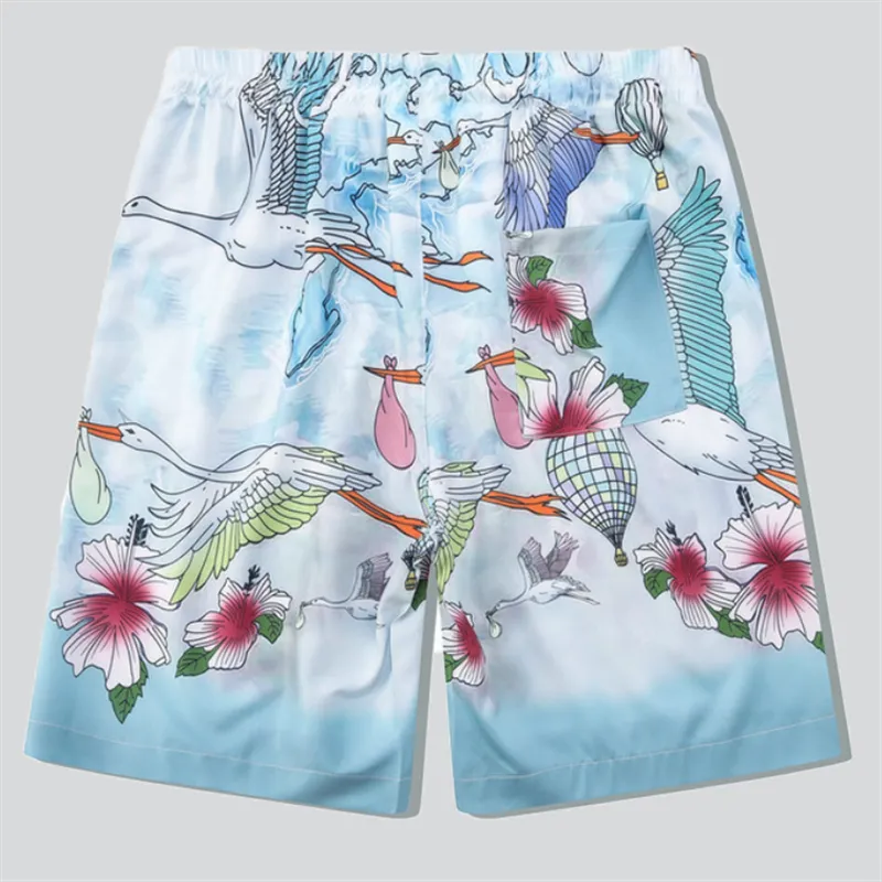 Red Hibiscus Flower Flying Crane Print Hawaiian Sets