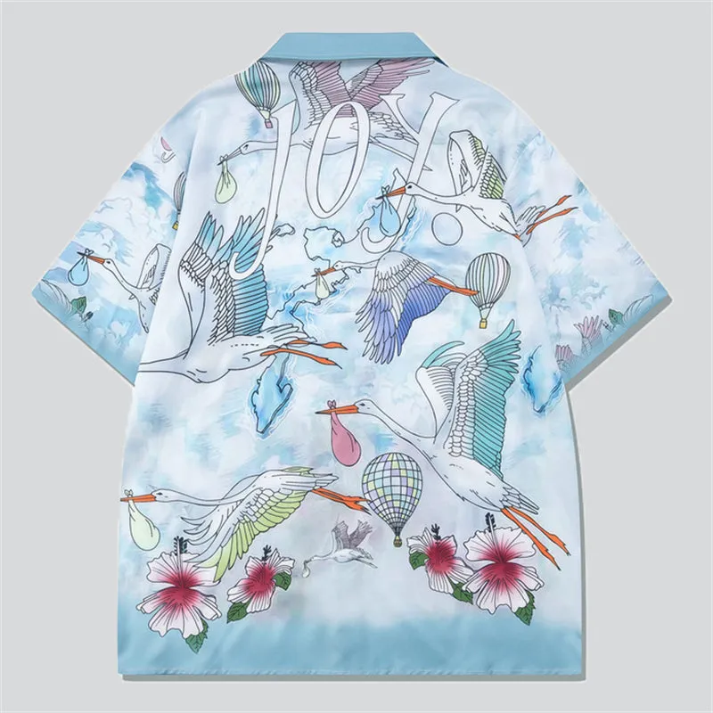 Red Hibiscus Flower Flying Crane Print Hawaiian Sets