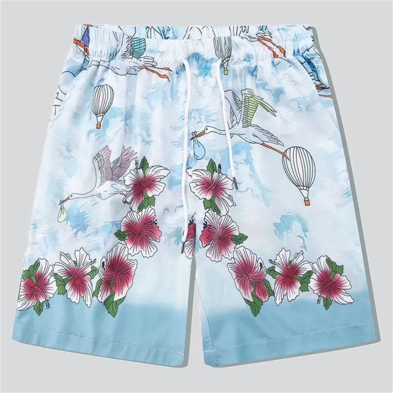 Red Hibiscus Flower Flying Crane Print Hawaiian Sets