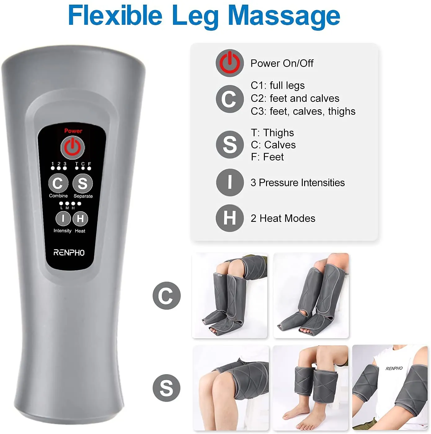 RENPHO Leg Massager with Heat for Circulation, Air Compression Calf Thigh Foot Massage, Adjustable Wraps Design, with 6 Modes 3 Intensities 2 Heat, Gifts for Muscles Relaxation