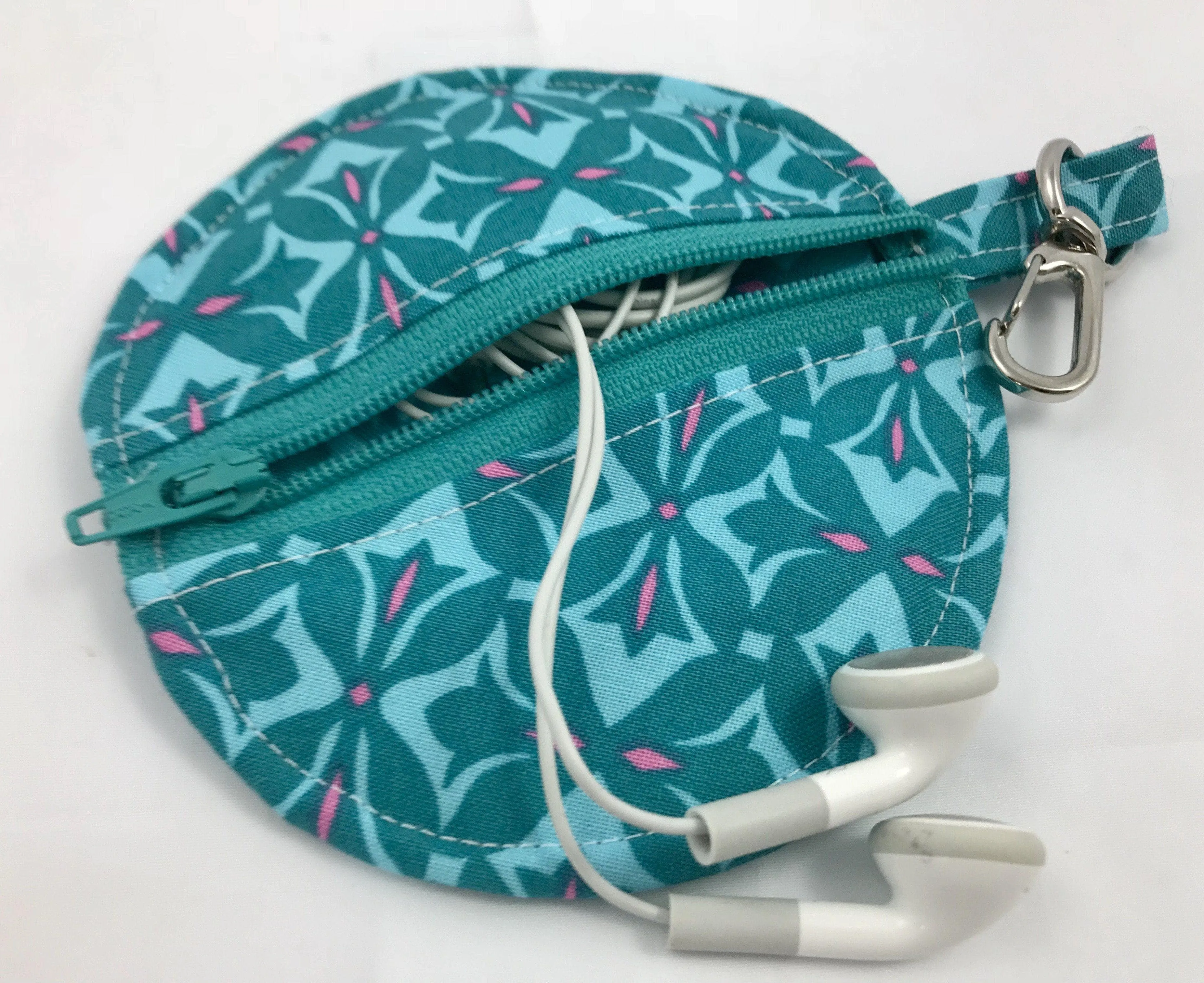 Round Earbud Case, Blue Air Pod Pouch, Lens Cap Holder, Tiny Zipper Pouch, Teal