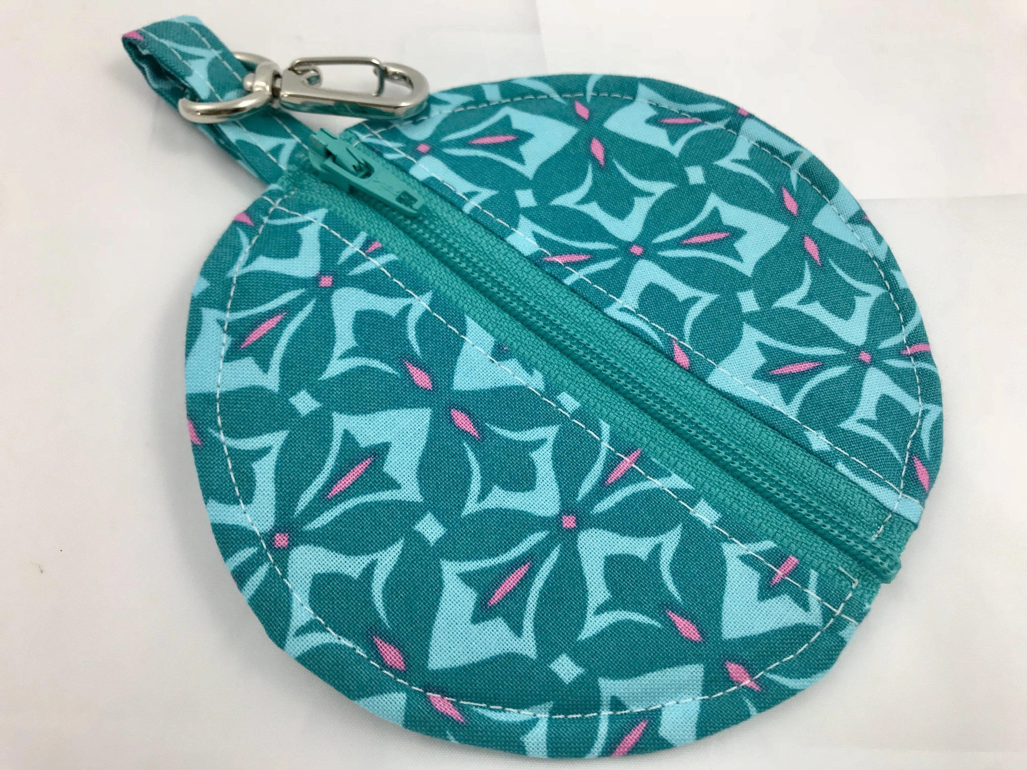 Round Earbud Case, Blue Air Pod Pouch, Lens Cap Holder, Tiny Zipper Pouch, Teal