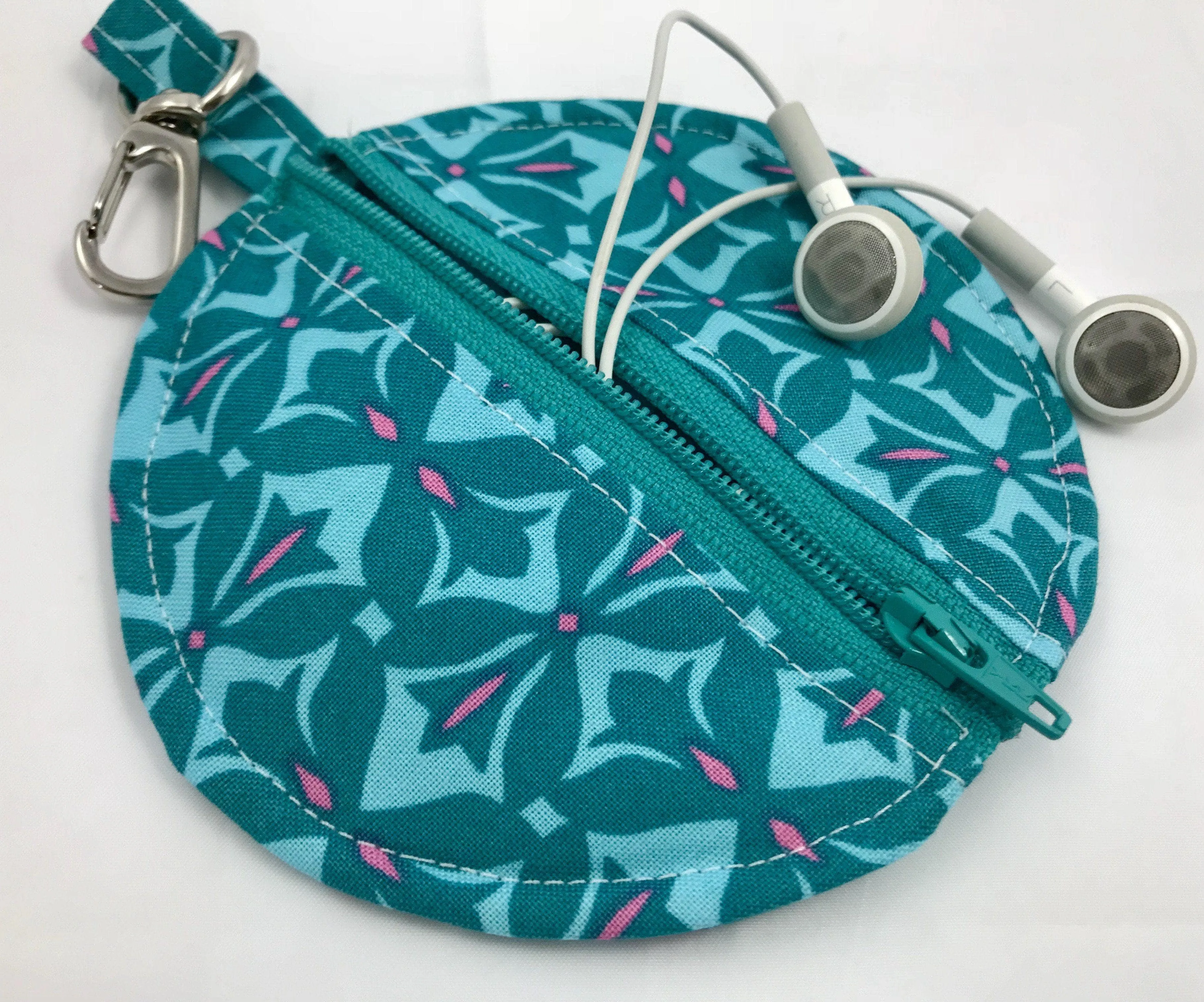 Round Earbud Case, Blue Air Pod Pouch, Lens Cap Holder, Tiny Zipper Pouch, Teal